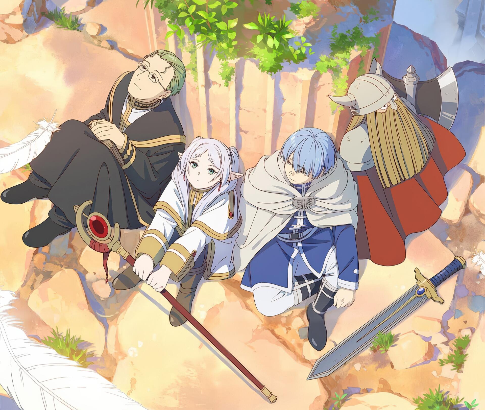 2K Quad HD anime wallpaper — Frieren: Beyond Journey's End: four adventurers rest on sunlit stone with weapons laid out, seen from an overhead view.