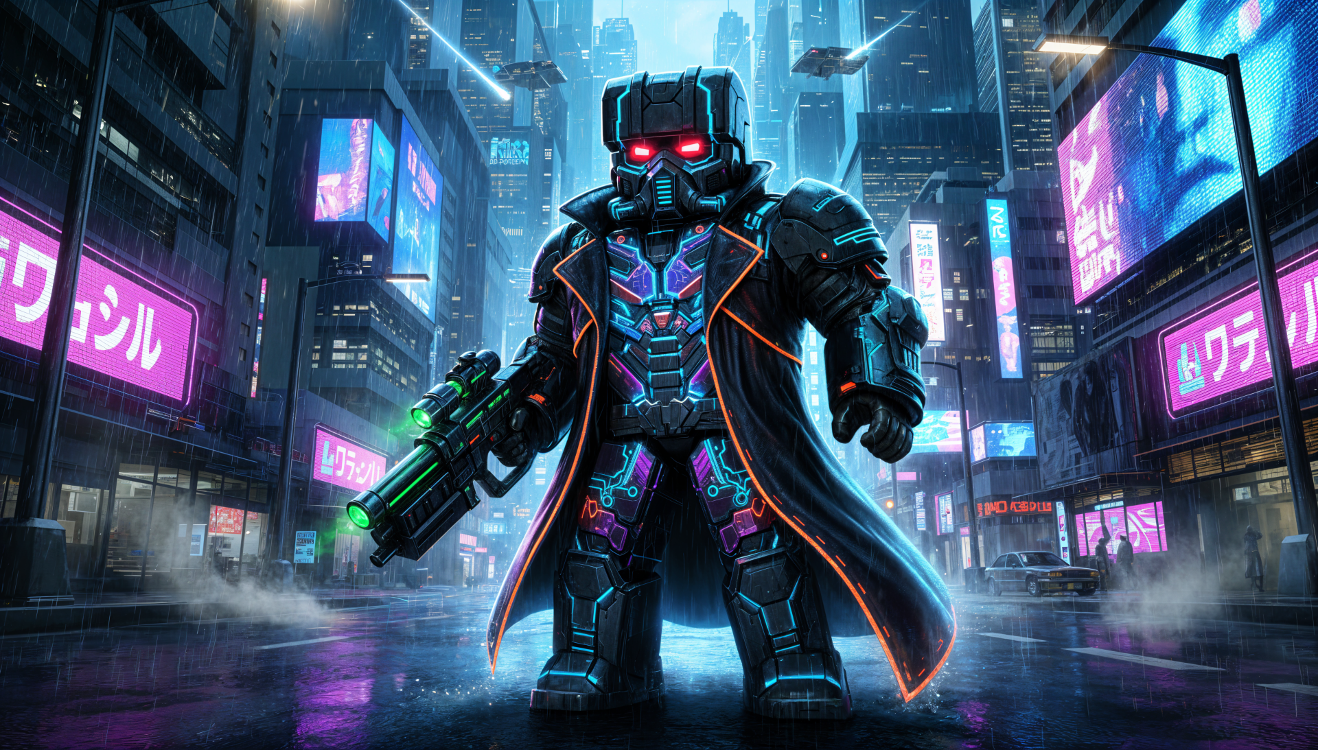 Roblox cybernetic armored figure with glowing red visor and neon circuitry strides through a rainy cyberpunk city at night, neon signs reflected on wet streets — 4K Ultra HD PC desktop wallpaper/background.