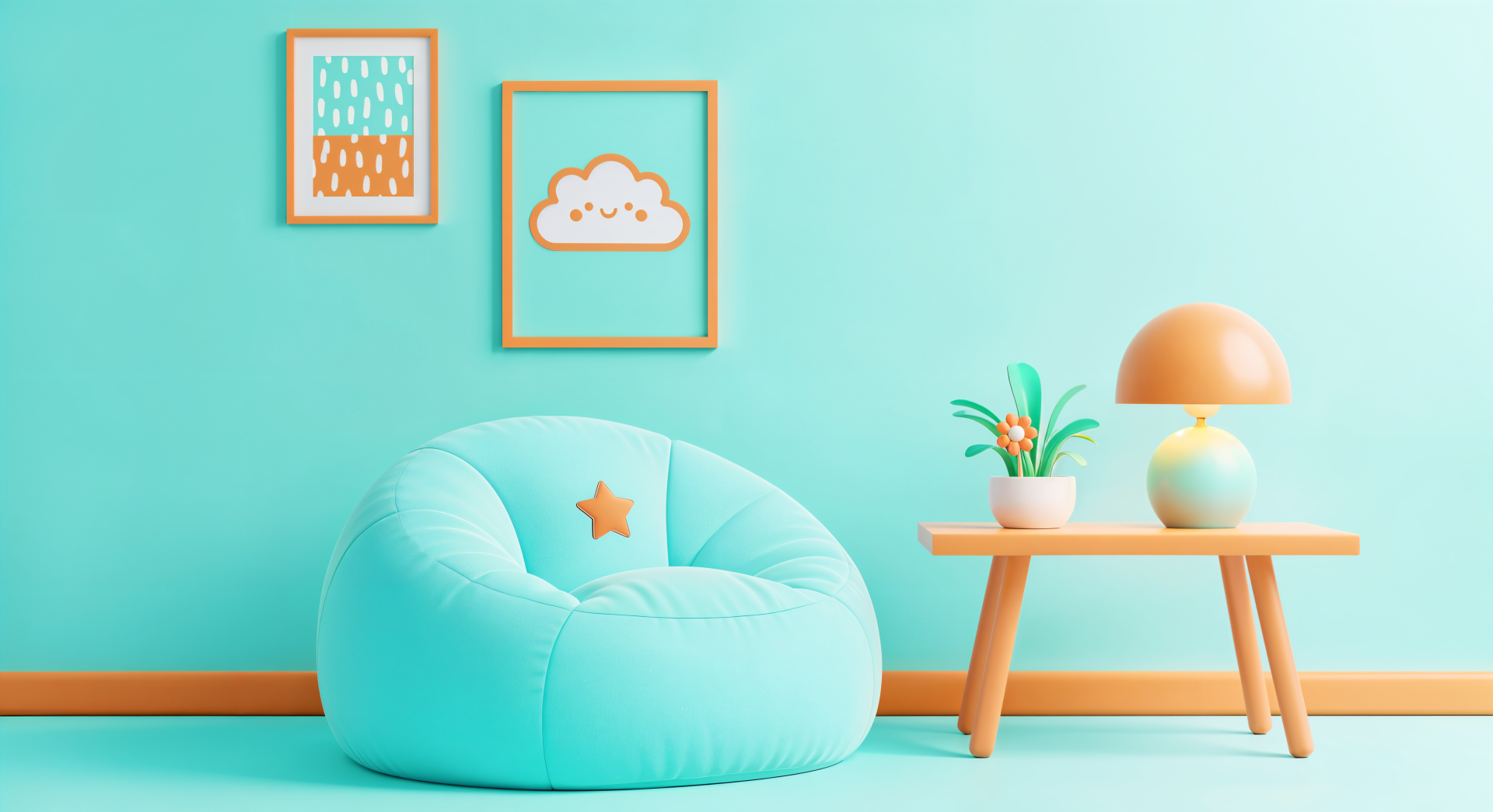 Cute aesthetic 4K Ultra HD PC desktop wallpaper: pastel mint room with a plump aqua beanbag chair with a star pillow, framed cloud art, small wooden side table, lamp and potted plant.