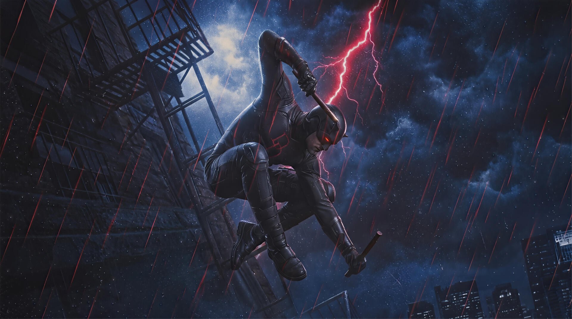 2K Quad HD PC desktop wallpaper of Daredevil from the TV show Daredevil: Born Again — the superhero crouches on a fire escape in a stormy city as lightning cracks the sky.