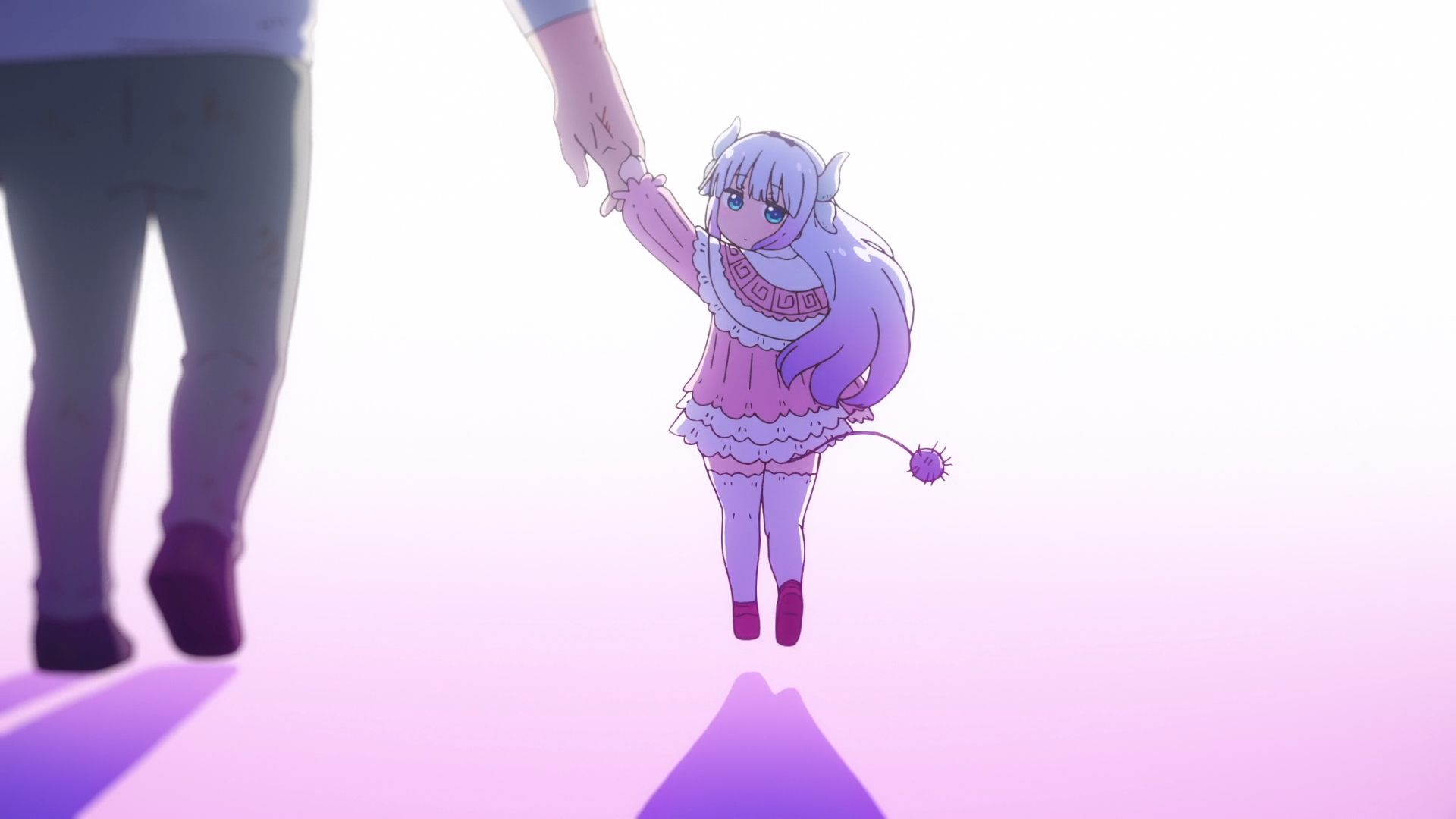 Anime HD desktop wallpaper of Kanna Kamui (Miss Kobayashi's Dragon Maid: A Lonely Dragon Wants to Be Loved) being lifted by an adult's hand on a glowing pink background.
