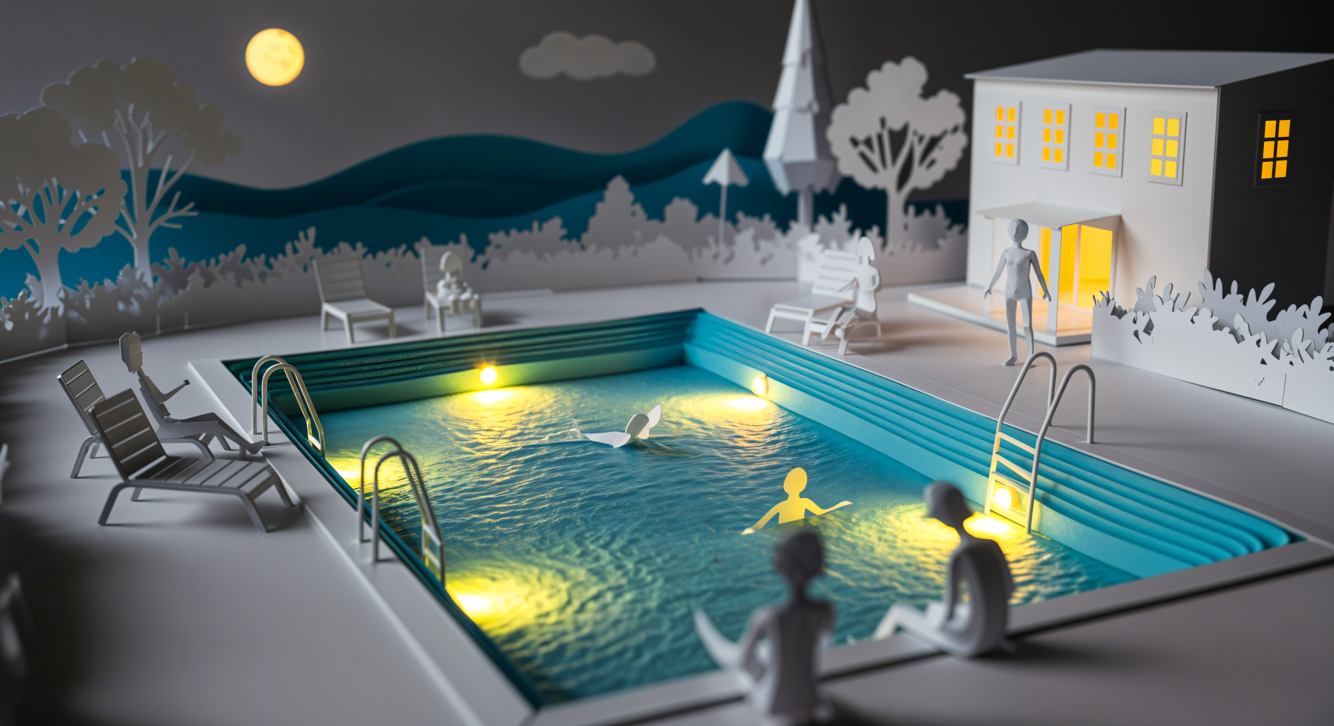 4K Ultra HD PC desktop wallpaper and background — paper-cut diorama of a moonlit backyard: illuminated pool with swimmers, lounge chairs, a lit house doorway and rolling hills.