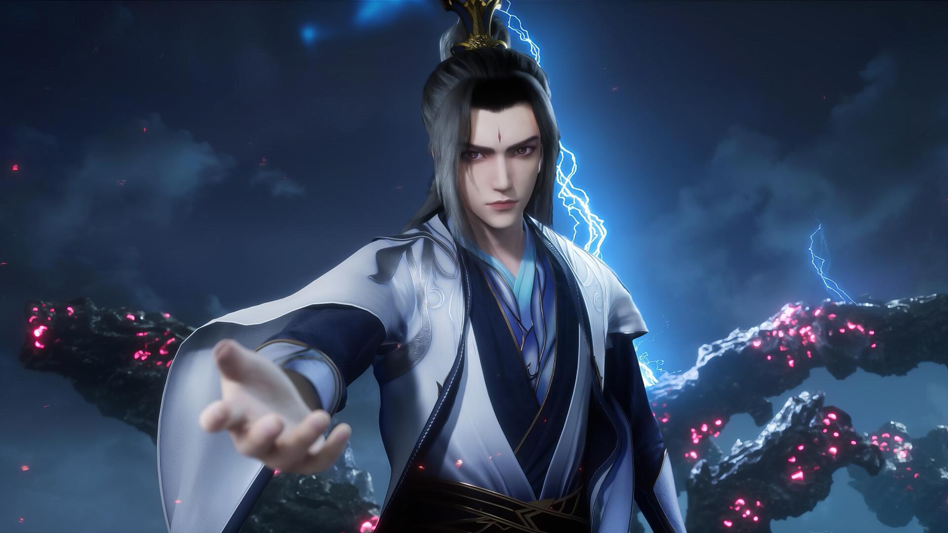 Renegade Immortal novel artwork: stern cultivator in flowing robes reaches out as lightning and glowing roots swirl behind — 2K Quad HD PC desktop wallpaper and background.