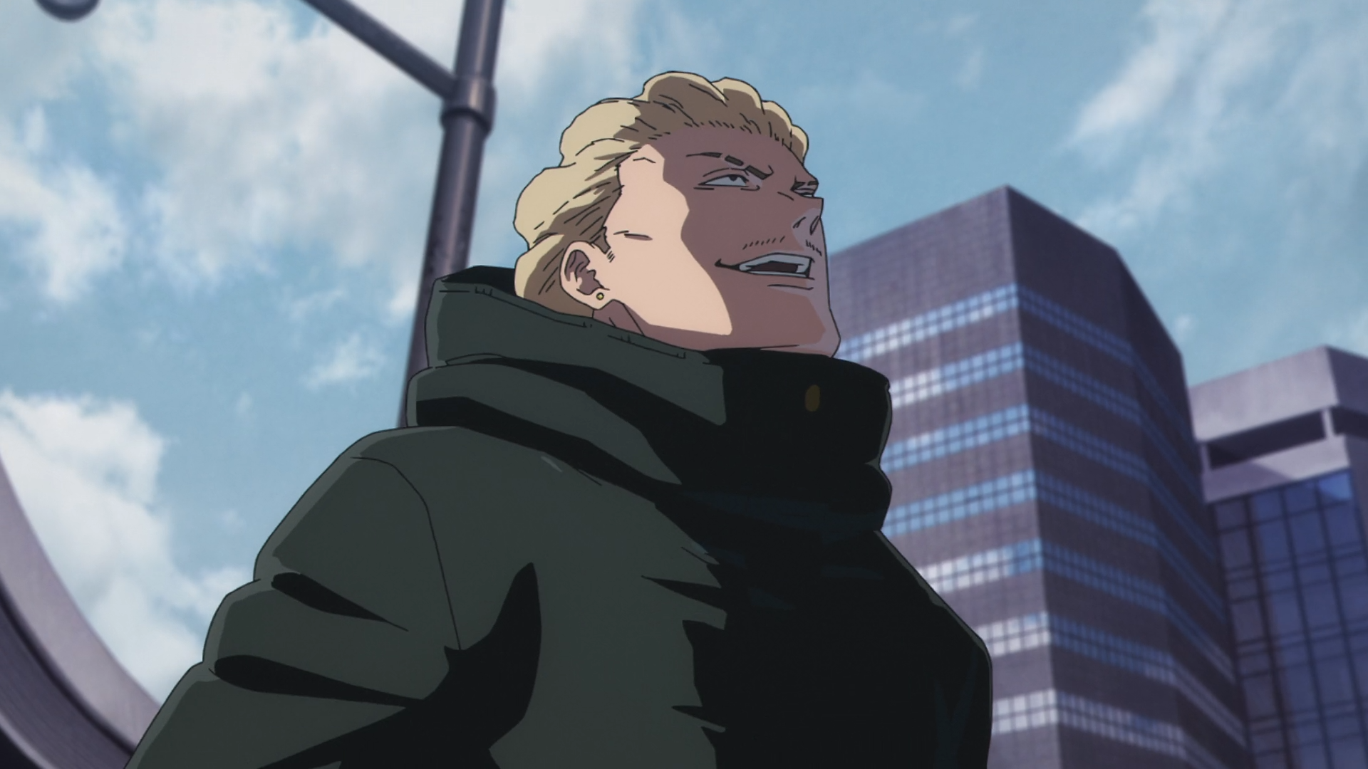 HD PC desktop wallpaper: anime Jujutsu Kaisen’s Kinji Hakari smirking in a dark coat, looking up against a blue sky and urban skyscrapers.