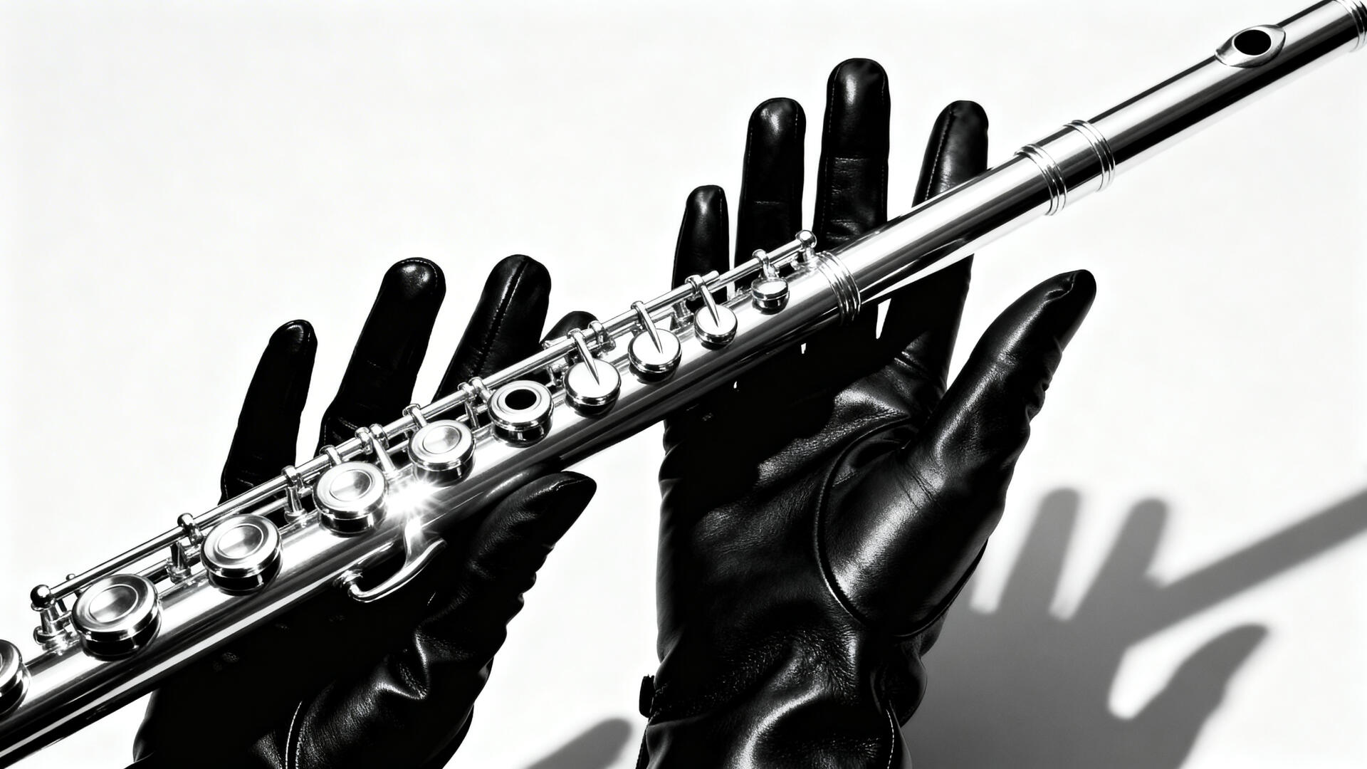 Monochrome close-up of a silver flute cradled in black leather gloves with dramatic shadows — 4K Ultra HD PC desktop wallpaper and background.