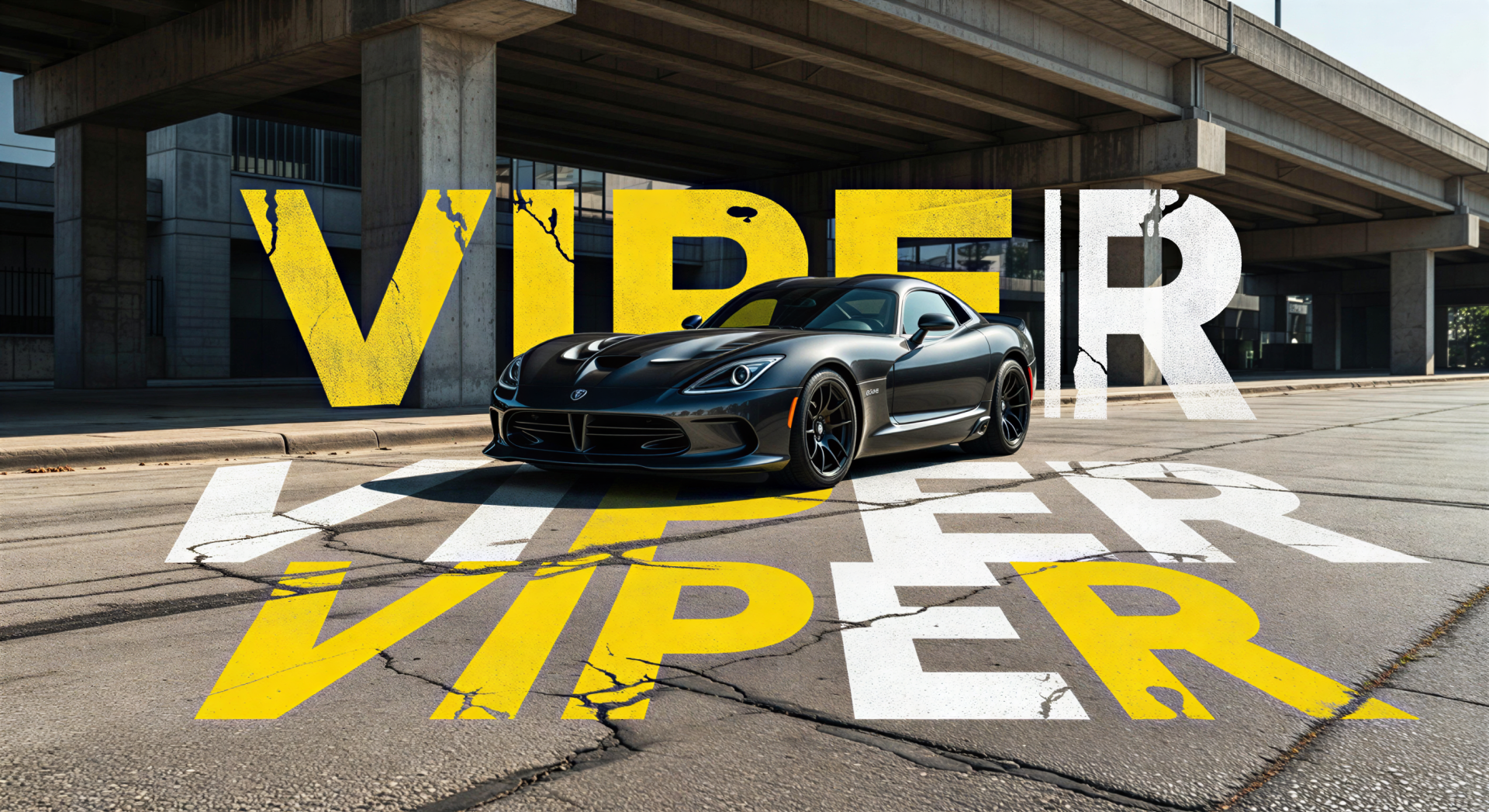 Black Dodge Viper parked on an urban street with bold yellow and white VIPER graphic typography - 2K Quad HD PC desktop wallpaper and background, high-contrast automotive graphic design.