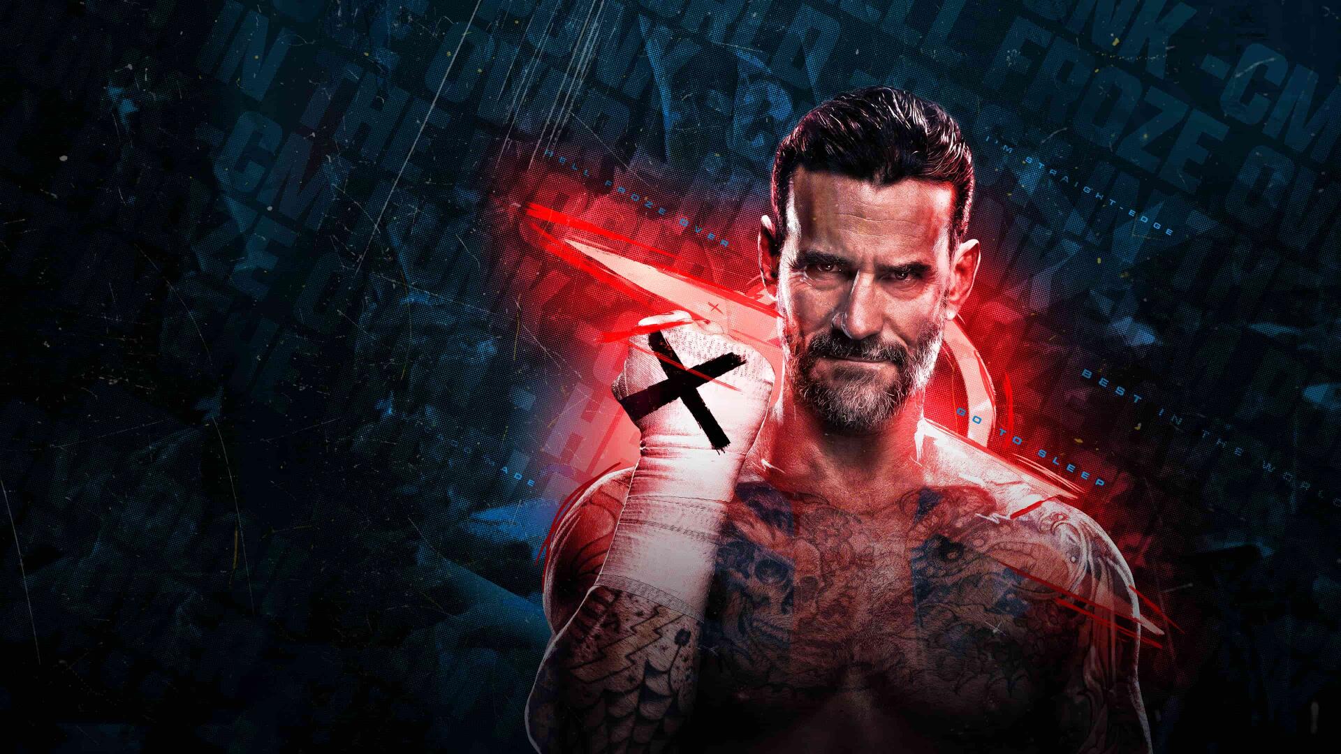 4K Ultra HD PC wallpaper: gritty WWE 2K26 sports-game promo of a tattooed, bearded wrestler under rain with red neon X lighting.
