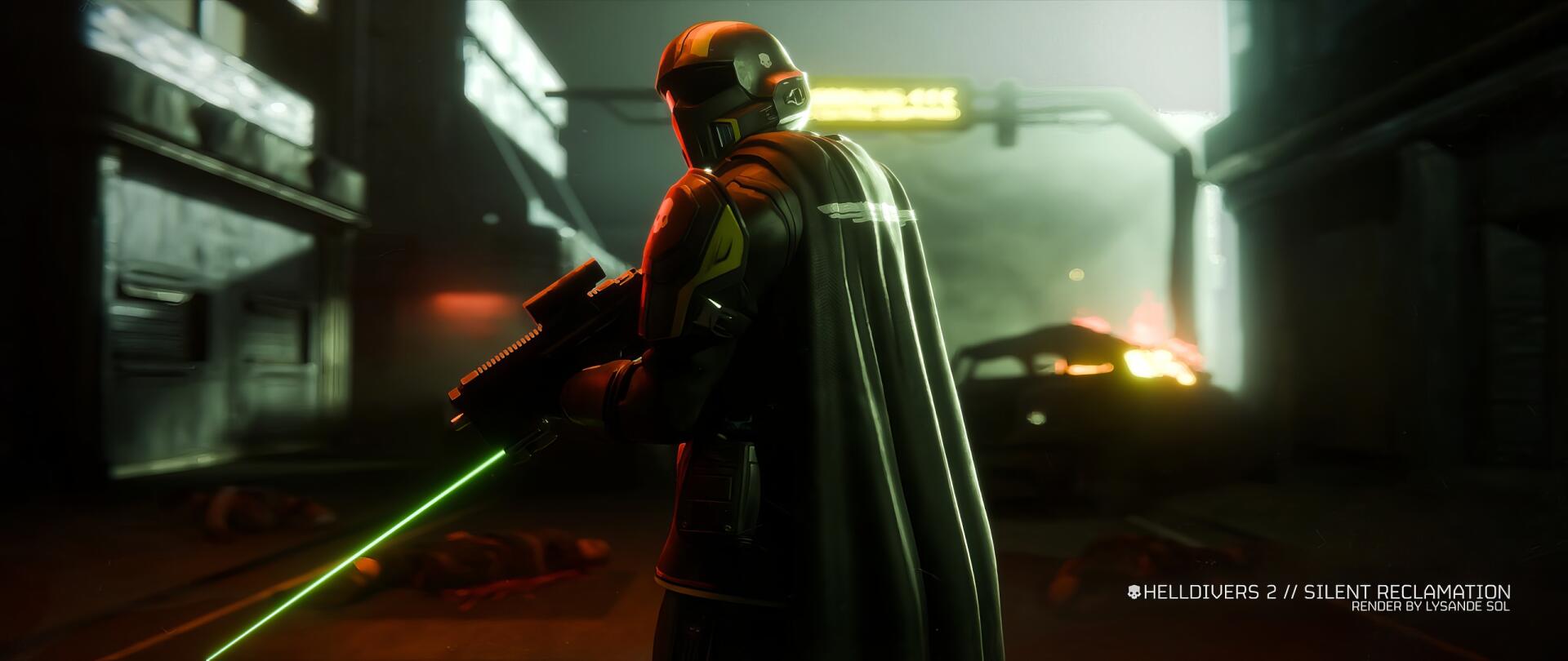 HD PC desktop wallpaper and background — TPS Helldivers 2: armored soldier in a cape aims a rifle emitting a green laser across a neon-lit rainy urban street with patrol cars and smoke.