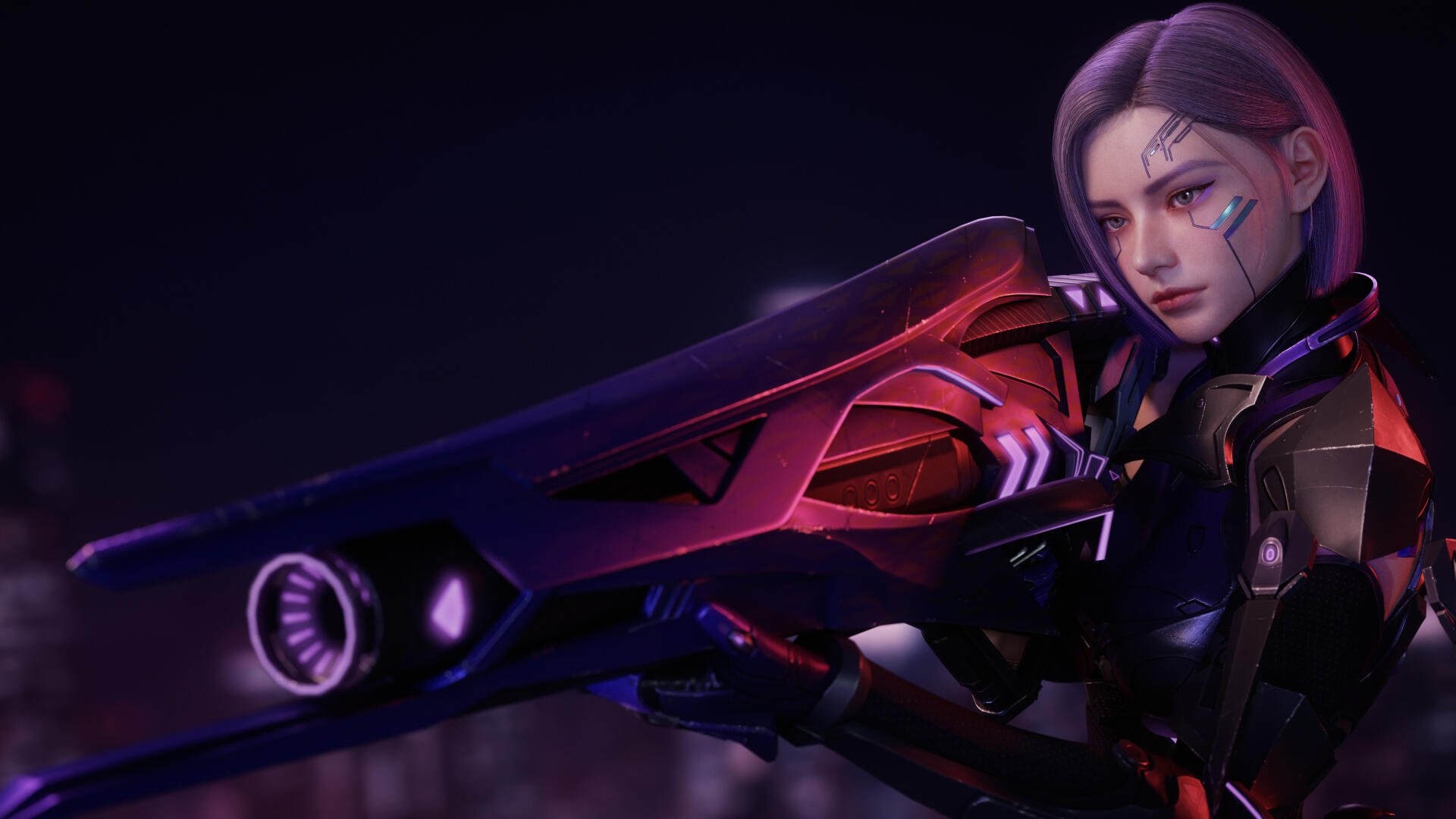 Cyberpunk girl from MMORPG Ares: Rise of Guardians holding a glowing high-tech rifle against a neon cityscape — 4K Ultra HD PC desktop wallpaper/background.