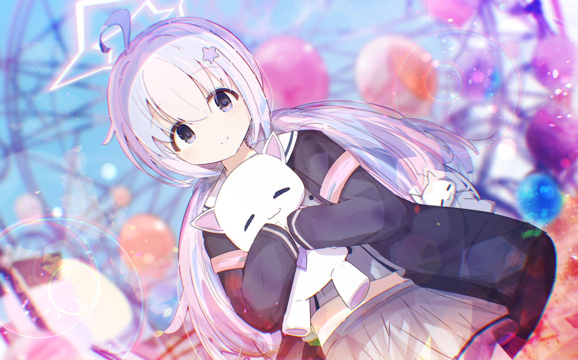 HD PC desktop wallpaper and background of Uzawa Reisa from the video game Blue Archive — pastel portrait of her clutching a white bunny mask amid glowing balloons and soft bokeh.