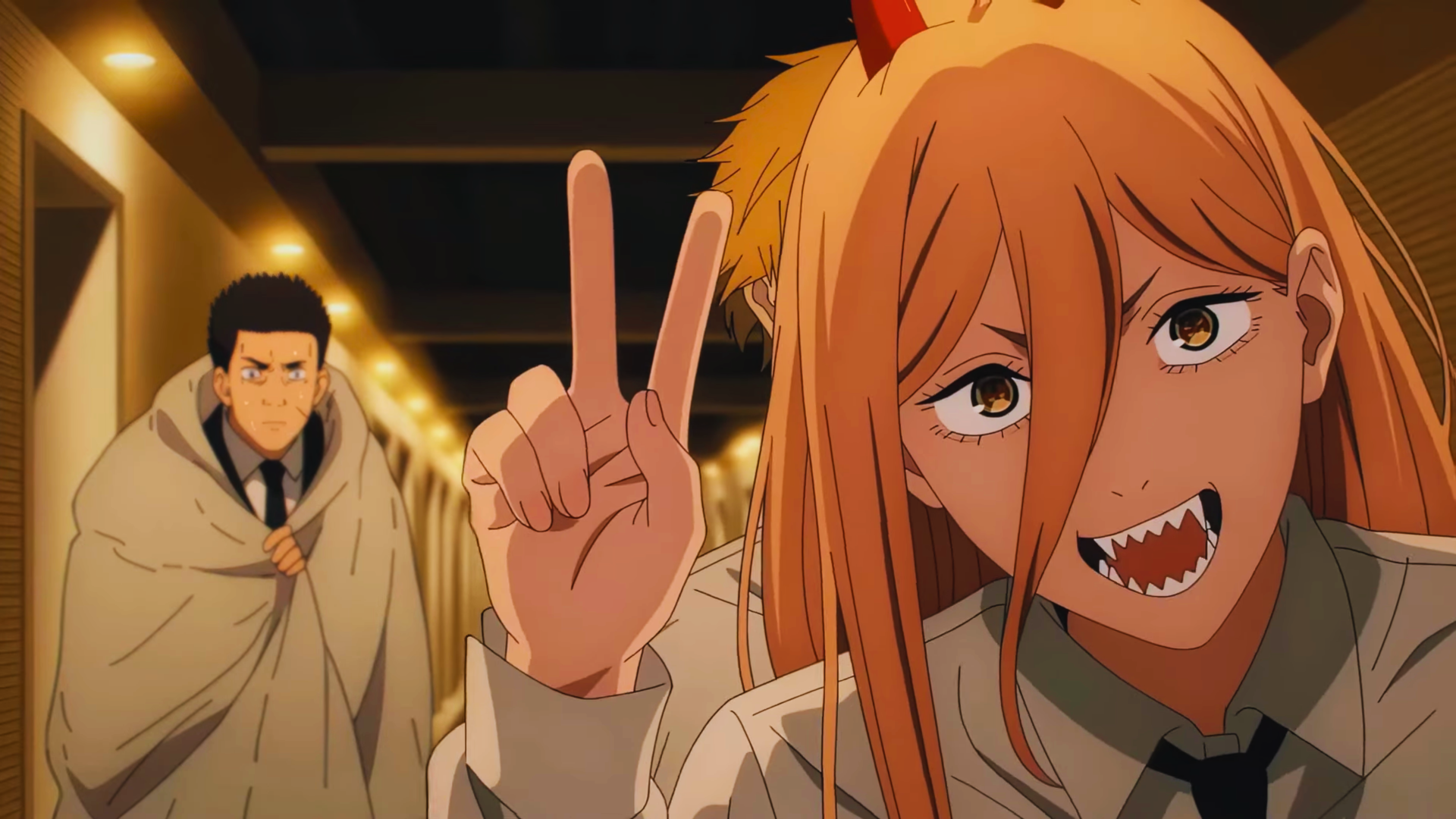 Power from Chainsaw Man flashes a mischievous peace sign and toothy grin in a funny anime moment — 4K Ultra HD PC desktop wallpaper and background.