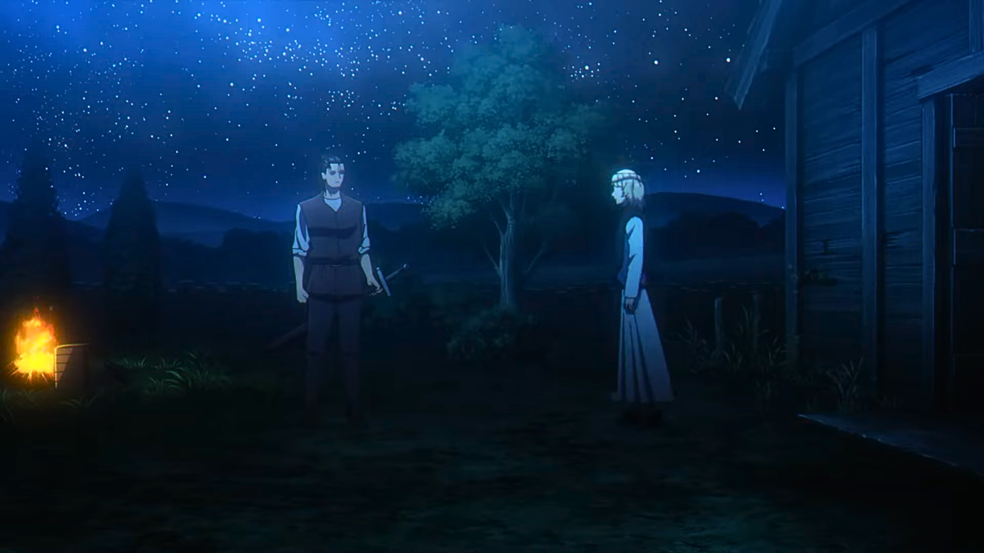 4K Ultra HD anime night wallpaper: two figures (Bideni, Ochi) converse by a wooden house under stars and a faint glowing orb — Orb: On the Movements of the Earth.