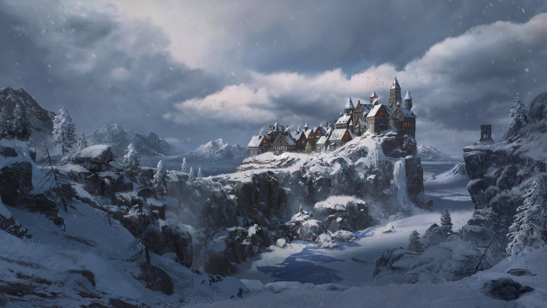 2K Quad HD PC desktop wallpaper background: a white, snow-clad fantasy castle perched on a rugged mountain ridge beneath a stormy winter sky.