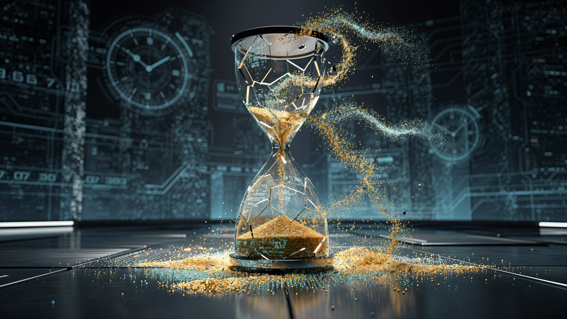 4K Ultra HD PC desktop wallpaper and background: cracked glass hourglass spilling golden sand across a reflective surface in a futuristic digital lab with holographic clock faces.