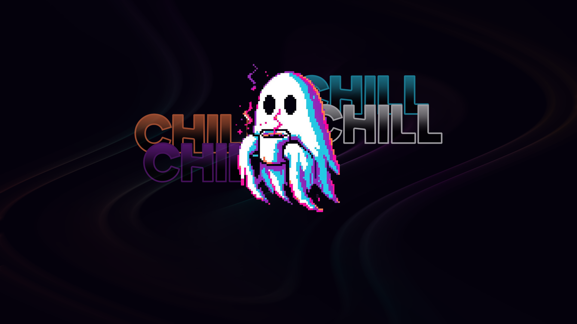 Minimalist HD PC desktop wallpaper/background: a chill pixel-art ghost sipping coffee against a dark backdrop with layered CHILL text.