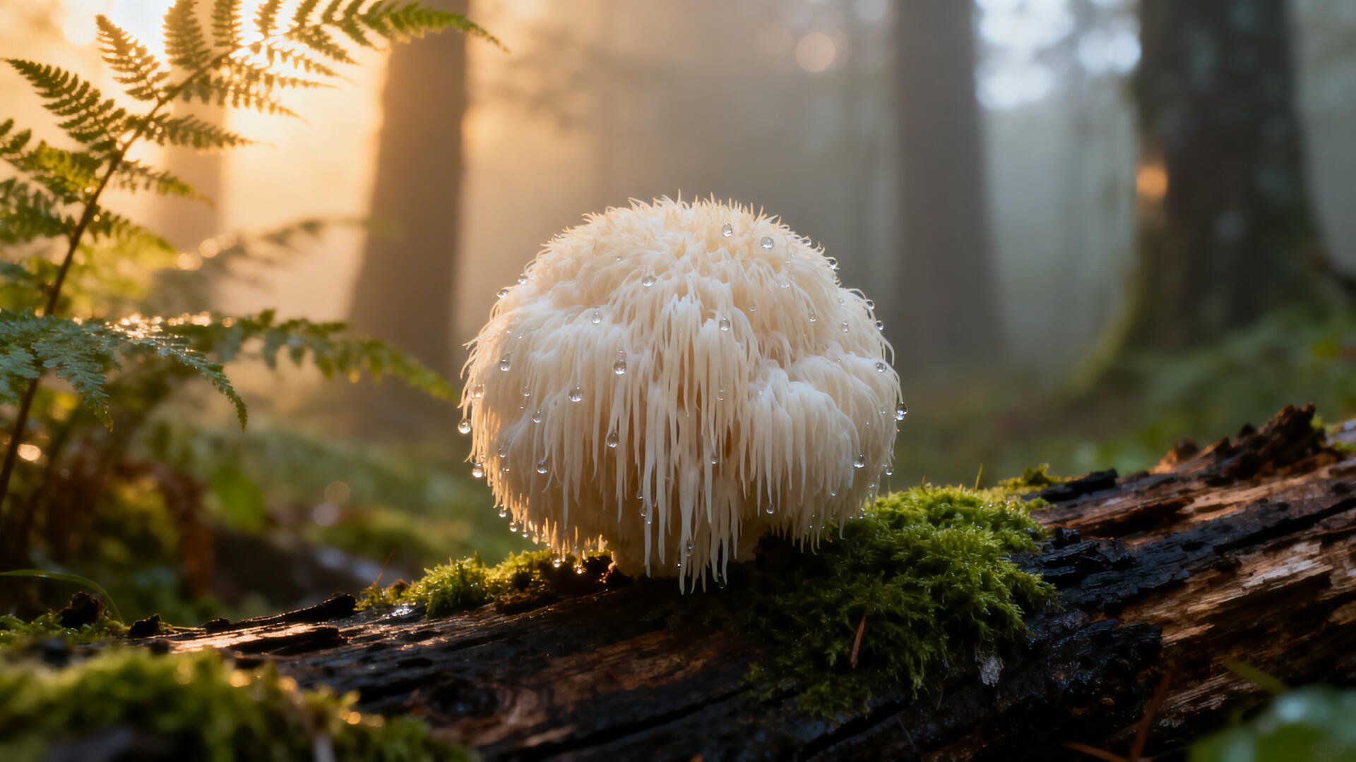 Sunlit lion's mane mushroom on a mossy log in a misty forest — 4K Ultra HD PC desktop wallpaper and background.