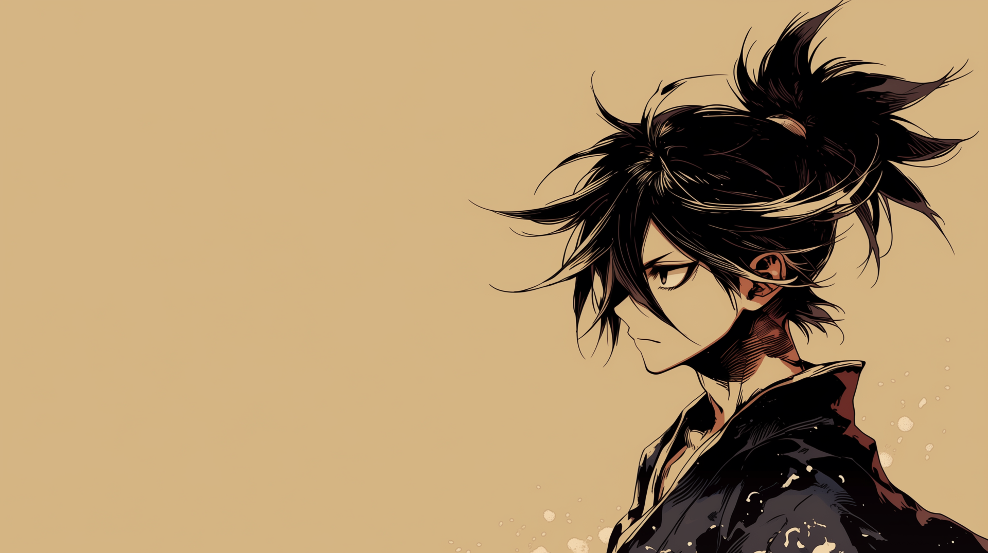 Side profile of Hyakkimaru from Dororo, dark hair in a messy topknot against a beige background, 2K Quad HD PC desktop wallpaper.