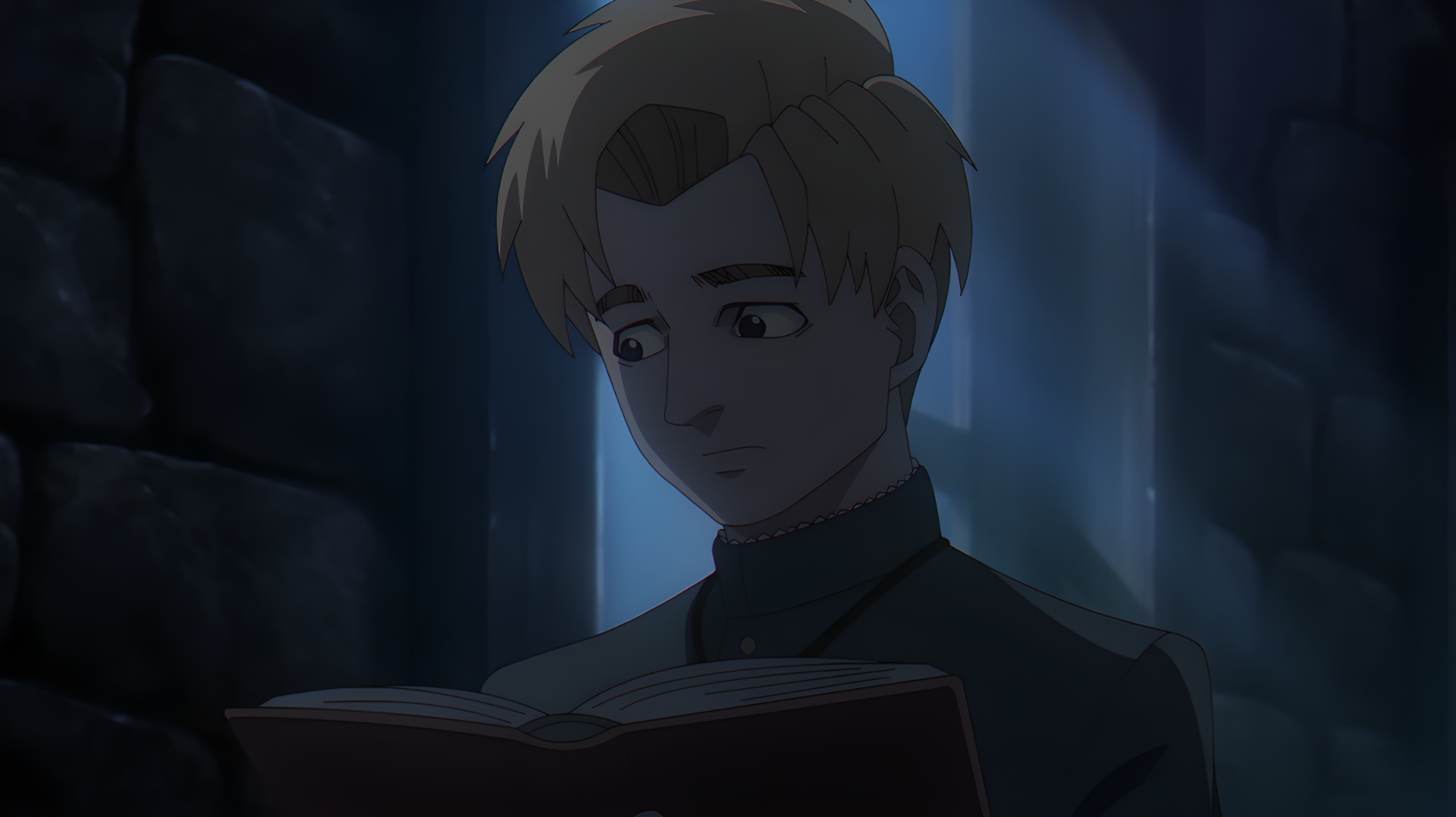 Anime HD PC desktop wallpaper: Rafal reads Orb: On the Movements of the Earth by dim blue light in a stone chamber — contemplative astronomy book scene.