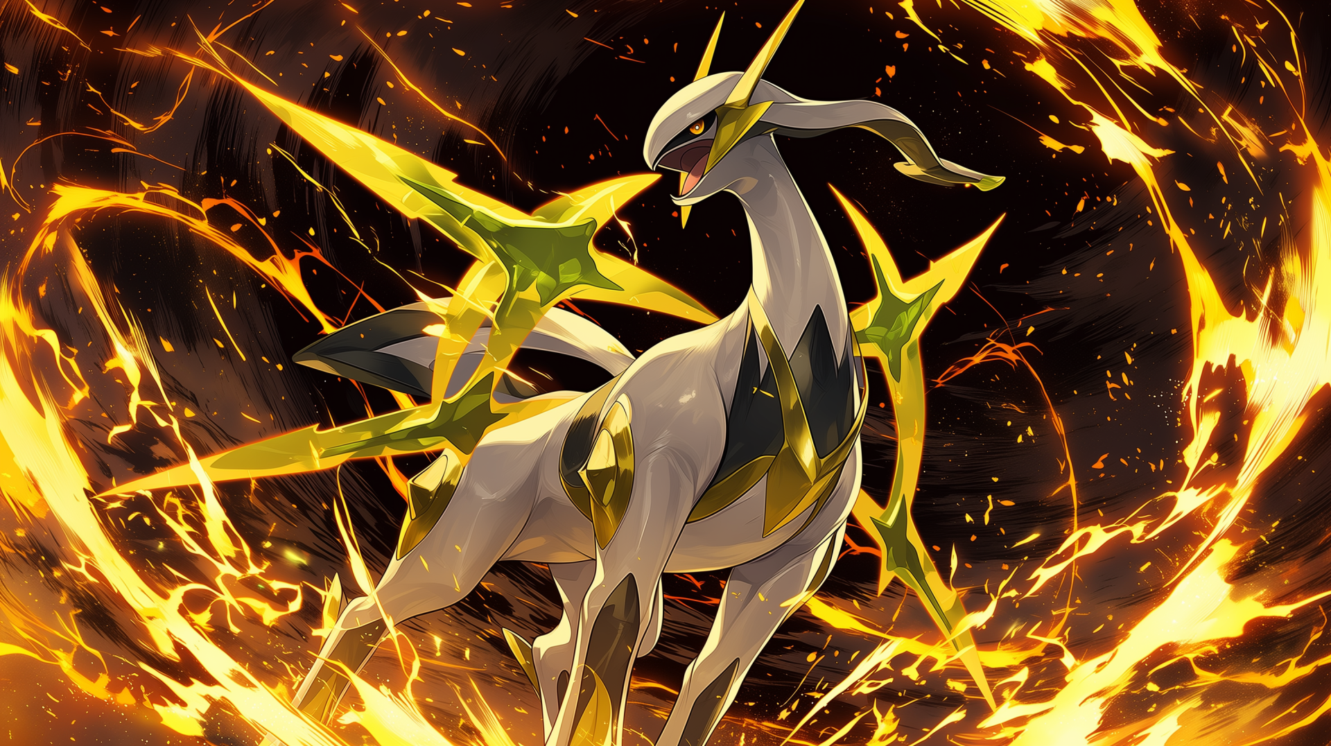 2K Quad HD PC wallpaper of Arceus, the legendary Pokémon, standing amid swirling golden aura and fiery energy in dynamic anime-style artwork.
