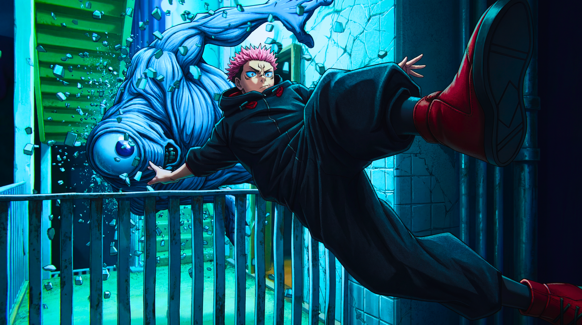 5K Ultra HD anime wallpaper of Yuji Itadori delivering a midair kick toward a towering cursed spirit in neon-lit urban ruin — Jujutsu Kaisen 3rd Season.