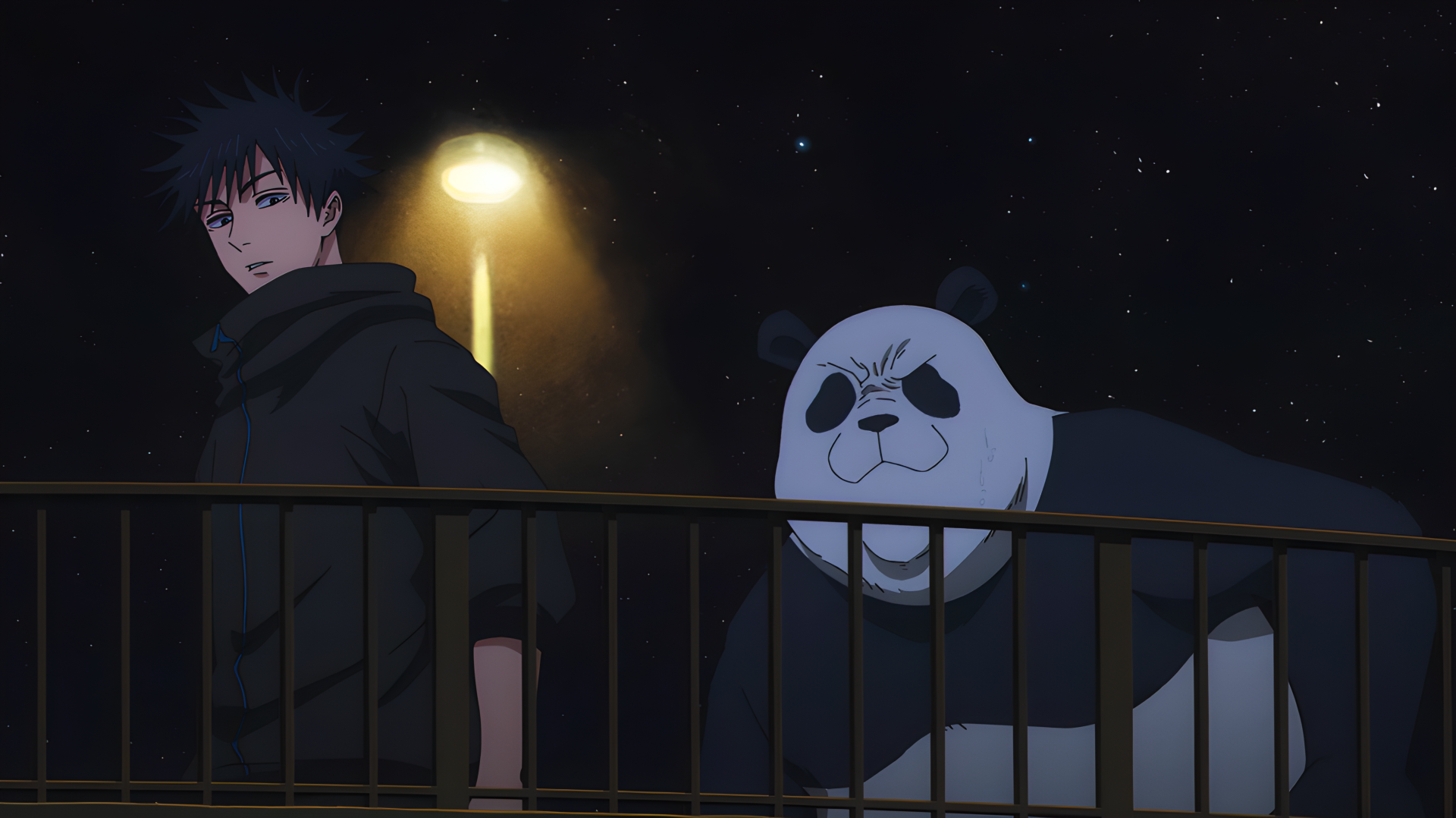 4K Ultra HD PC desktop wallpaper of Jujutsu Kaisen 3rd Season featuring Megumi Fushiguro and Panda on a railing under a starry night sky
