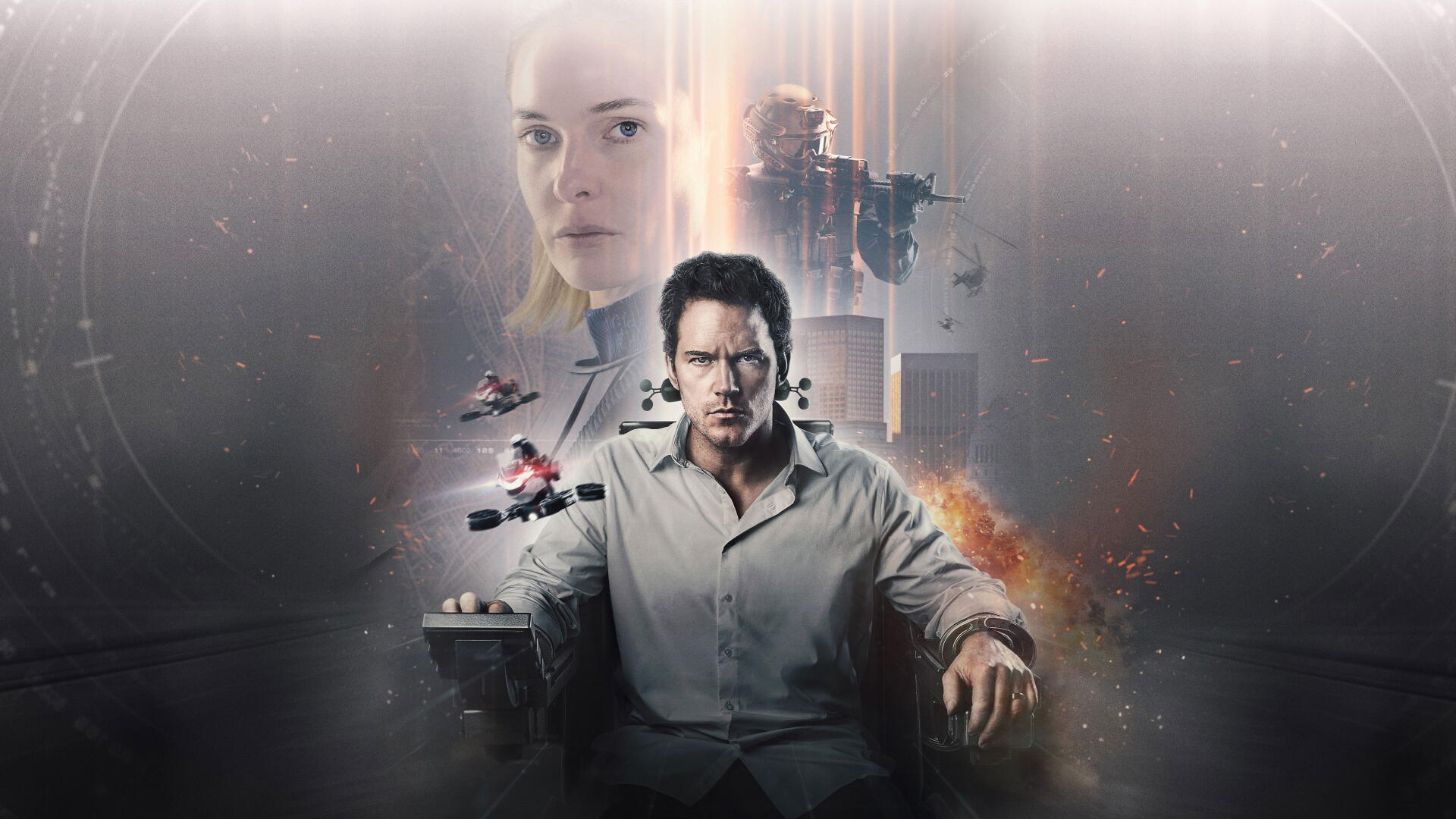 Mercy (2026) 4K Ultra HD PC desktop wallpaper — brooding man seated foreground, ethereal woman's face above, small ships and explosions over a dark futuristic cityscape.