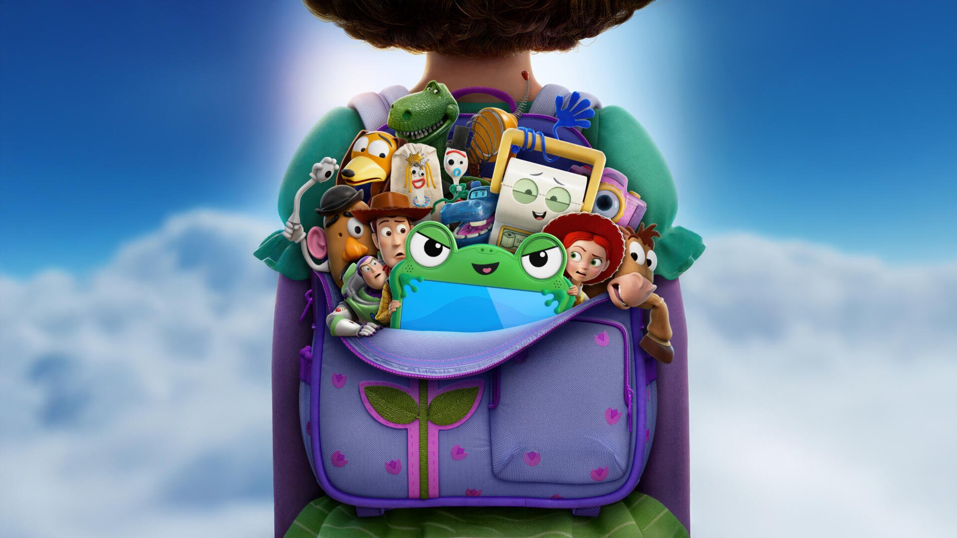 Toy Story 5 5K Ultra HD PC Desktop Wallpaper and Background - vibrant backpack overflowing with Woody, Buzz, Jessie and other toy pals against a bright blue sky and fluffy clouds.