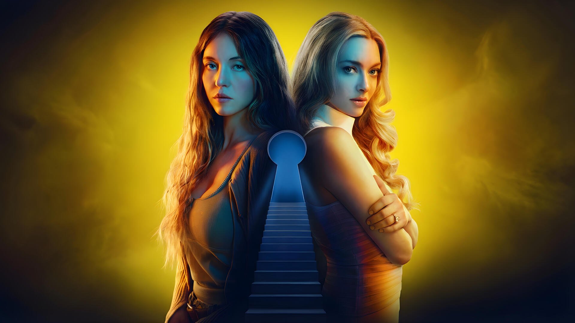 The Housemaid — 4K Ultra HD PC Desktop Wallpaper and Background: two women stand back-to-back in golden light with a keyhole-shaped staircase silhouette between them.