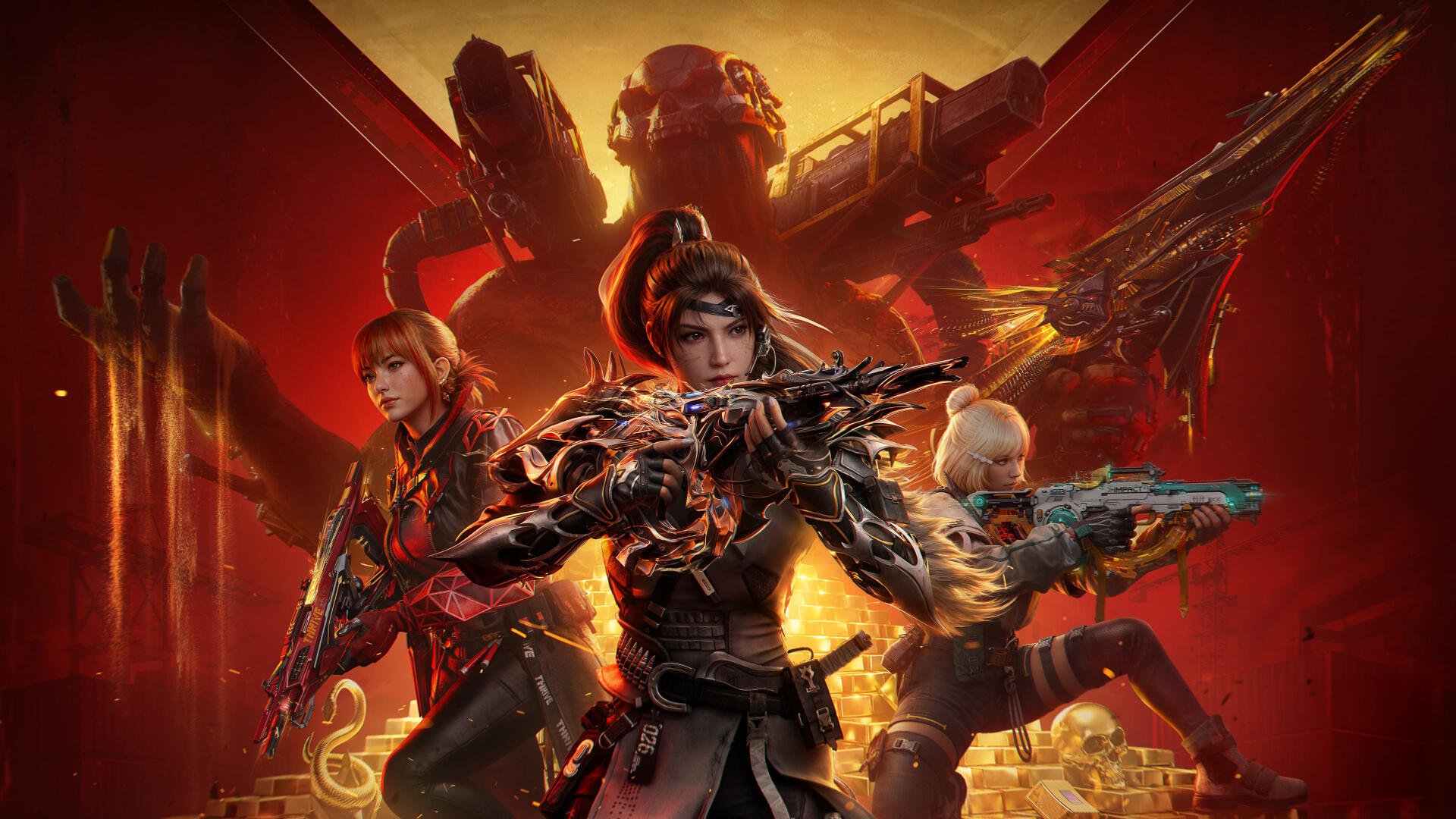 Call of Duty: Mobile 4K Ultra HD PC desktop wallpaper showing three futuristic soldiers and a towering mech in a fiery red-orange battlefield.