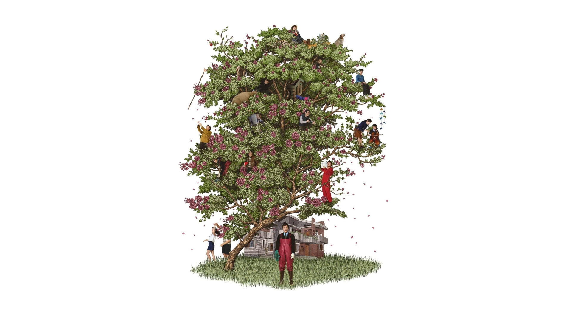 No Other Choice — 4K Ultra HD PC desktop wallpaper/background: sprawling leafy tree filled with tiny figures and objects, a lone person standing beneath on a grassy mound.