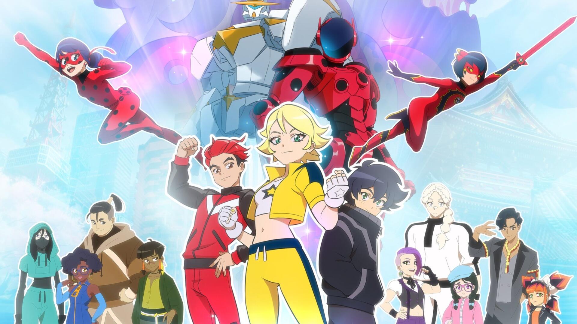 Miraculous: Stellar Force 4K Ultra HD PC desktop wallpaper — vibrant ensemble of young heroes and masked figures striking dynamic poses against a glowing, colorful sky backdrop.