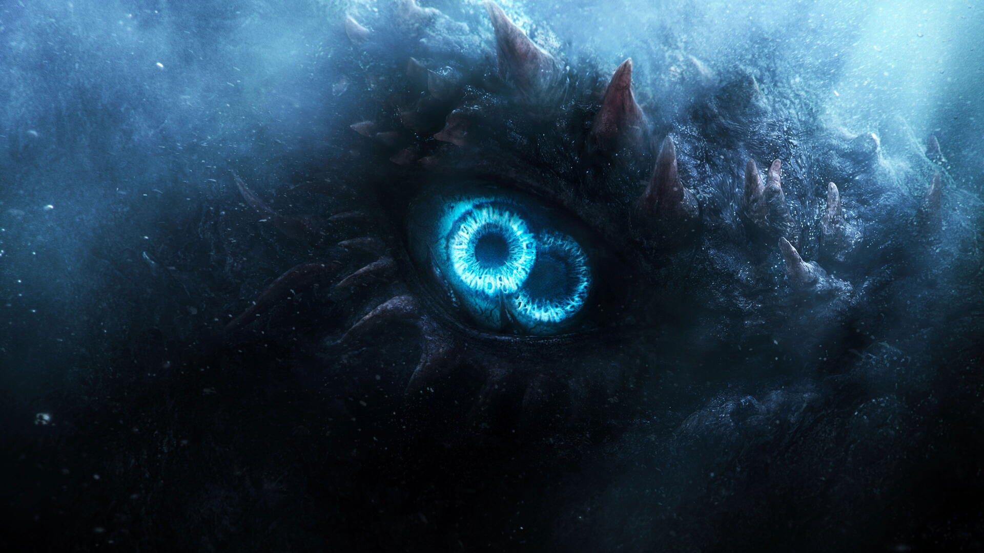 Monarch: Legacy of Monsters — 4K Ultra HD PC desktop wallpaper and background: a colossal scaly beast's neon-blue eye glowing through mist and shadow.
