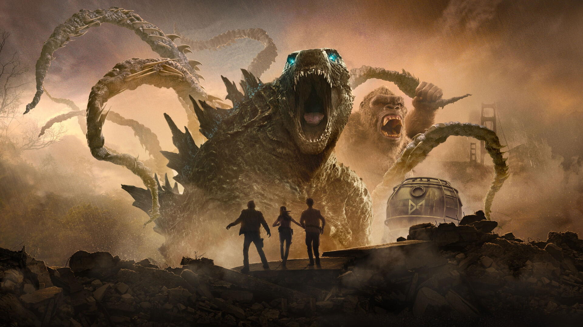 Monarch: Legacy of Monsters — 4K Ultra HD PC desktop wallpaper and background: three silhouetted figures face a towering tentacled kaiju with glowing eyes and an open maw beneath a stormy sky.