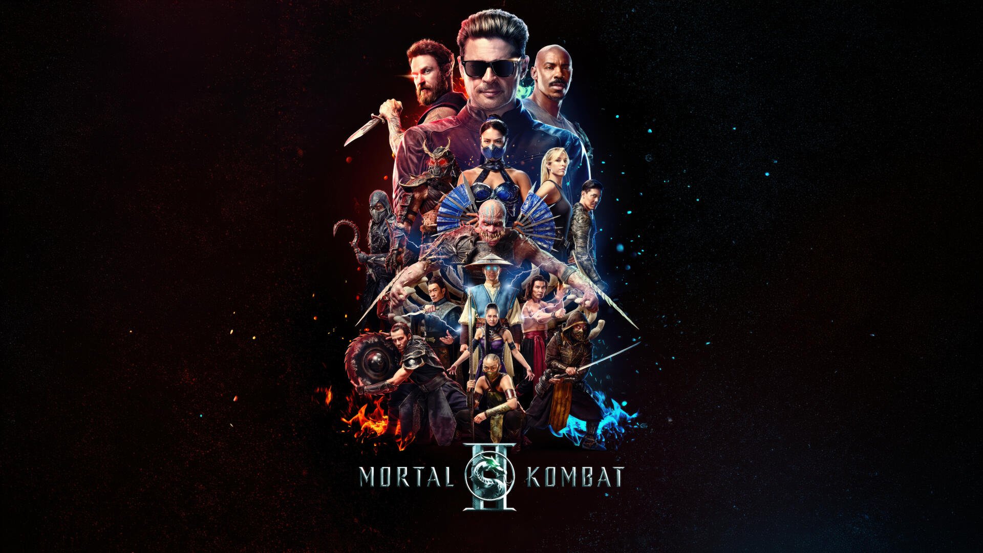 Mortal Kombat 2 (2026) 5K Ultra HD PC desktop wallpaper — cinematic collage of fighters in a triangular formation with fiery and icy effects and the Mortal Kombat logo at the bottom.