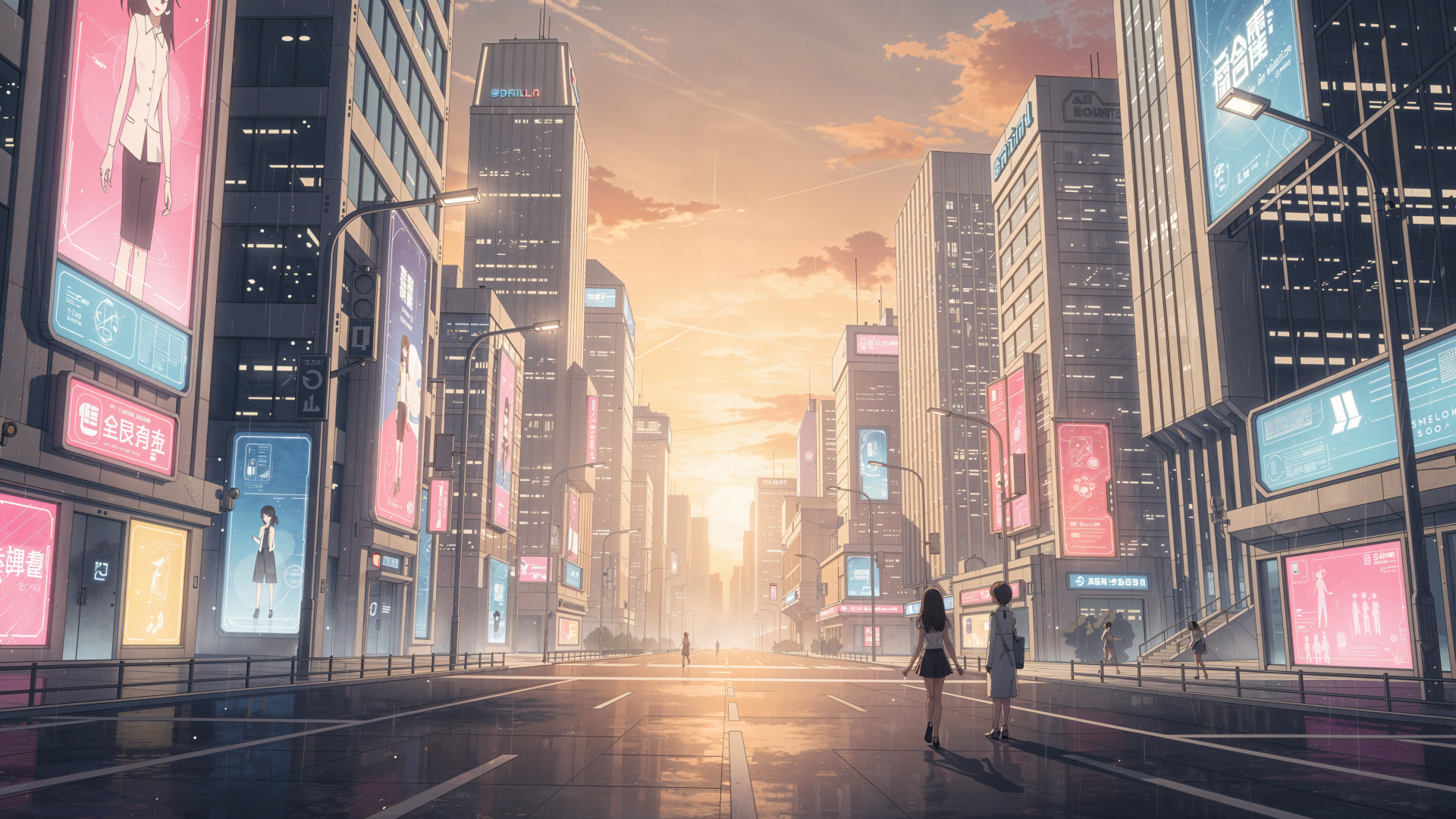 Anime city at sunset: a wide boulevard lined with neon-lit skyscrapers, billboards and two silhouettes walking toward a glowing horizon — 4K Ultra HD PC desktop wallpaper and background.