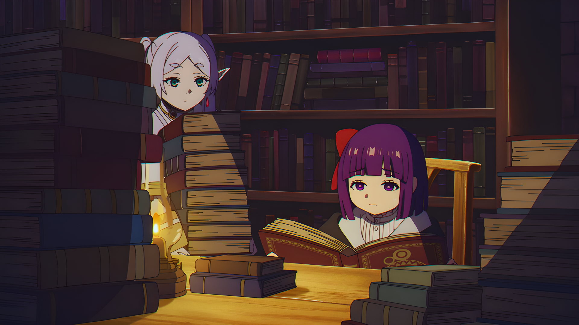 4K Ultra HD PC desktop wallpaper: Fern (Frieren: Beyond Journey's End) — anime girl studying by lantern light amid stacked books in a cozy fantasy library.