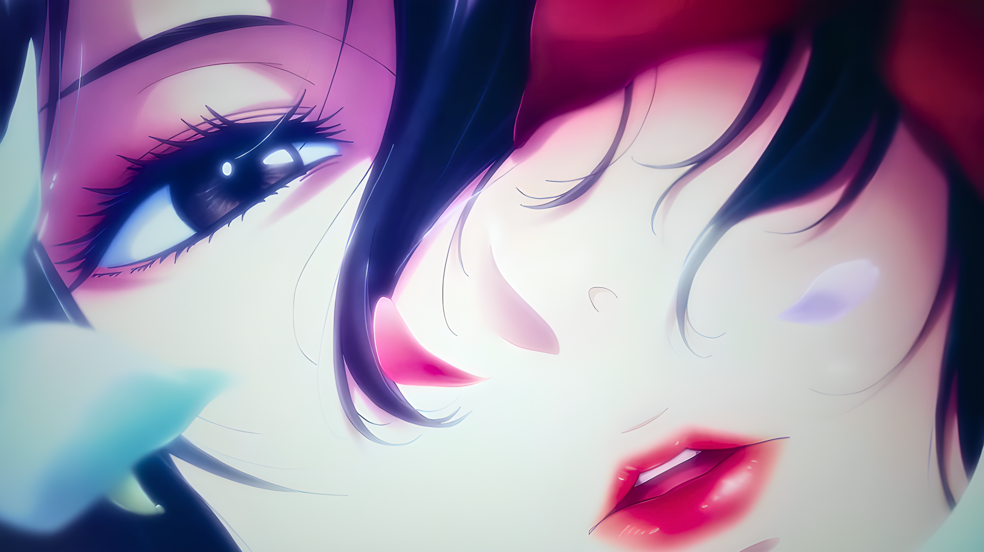 Close-up 4K Ultra HD PC desktop wallpaper of a Hell's Paradise anime girl: dark hair framing her face, glossy red lips, and a soft flower petal brushing her cheek.