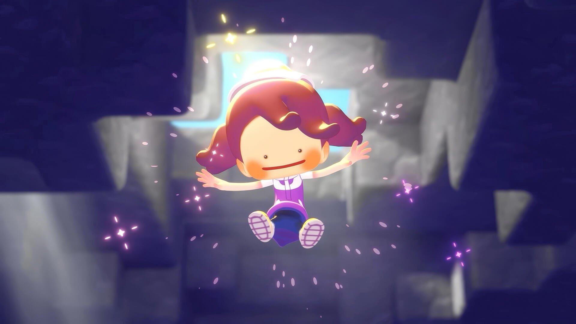 HD PC desktop wallpaper background featuring a Pokopia Pokemon character joyfully leaping through glowing cube chambers, surrounded by purple sparkles.