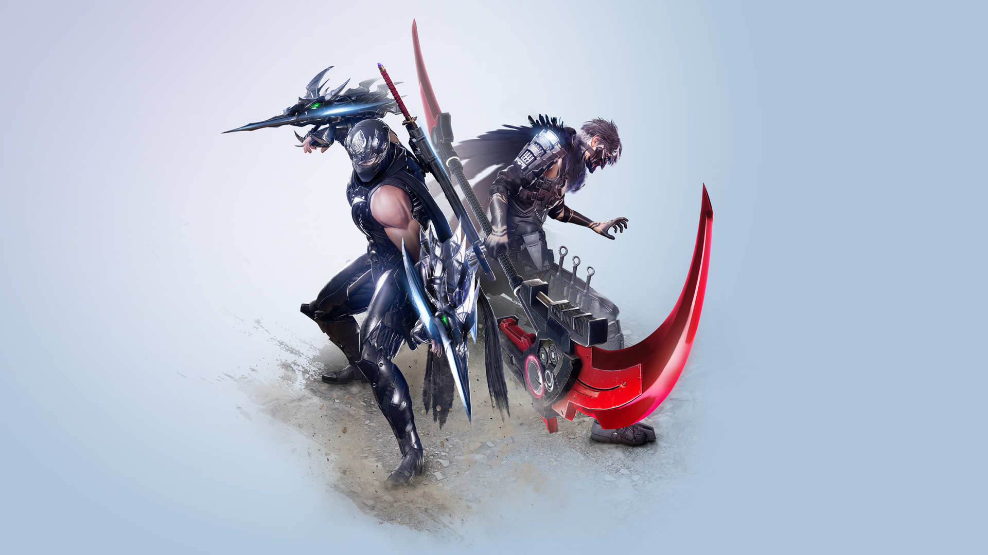Ninja Gaiden 4 2K Quad HD PC desktop wallpaper: two armored ninjas back-to-back, one wielding a glowing red crescent blade against a pale, minimalist background.
