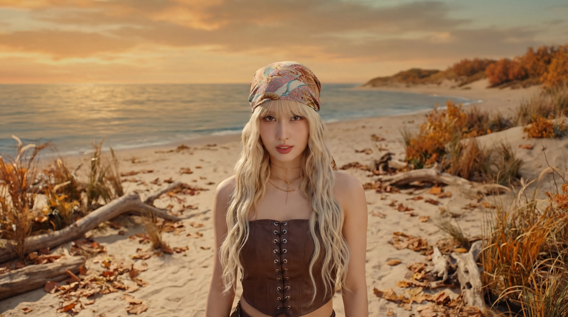Blonde woman in a boho headscarf and brown corset standing on a sunlit sandy beach at sunset — 5K Ultra HD desktop wallpaper.