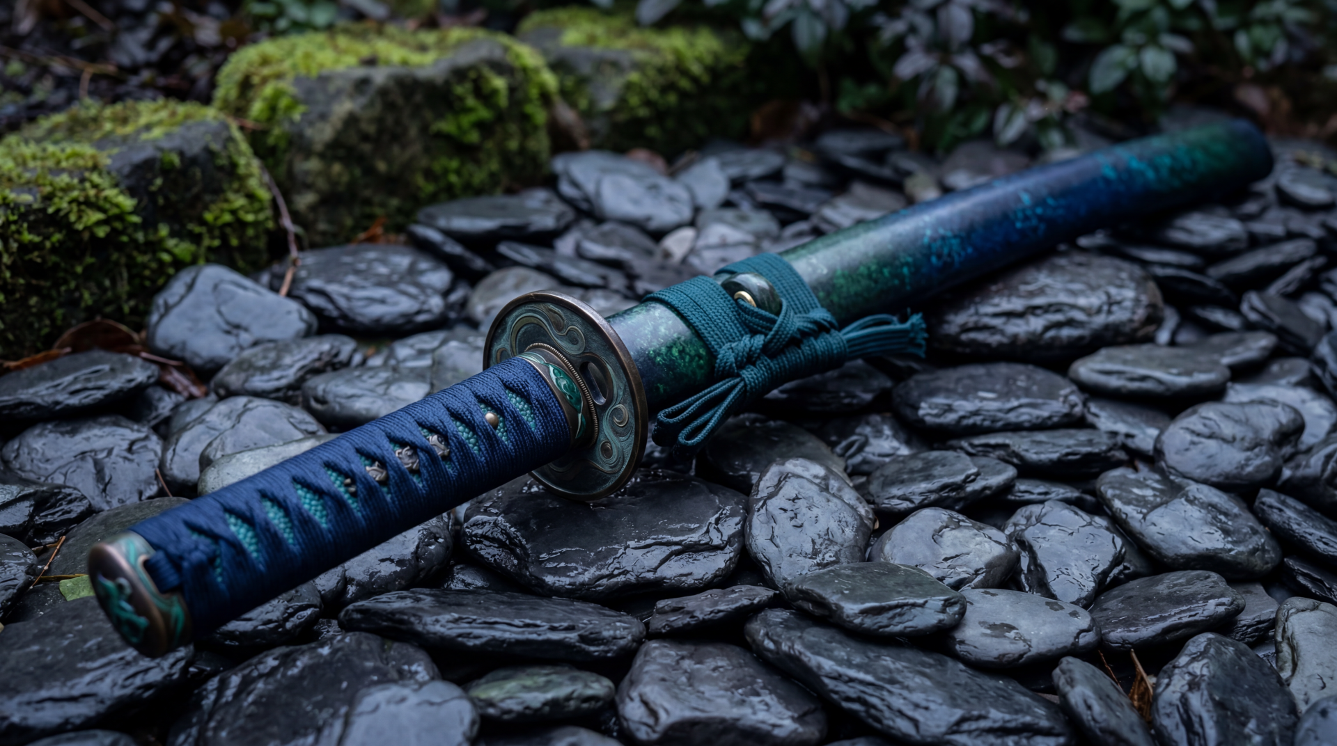 5K Ultra HD PC desktop wallpaper and background: a teal‑handled ninja sword rests on wet black stones with moss and shadowed foliage.