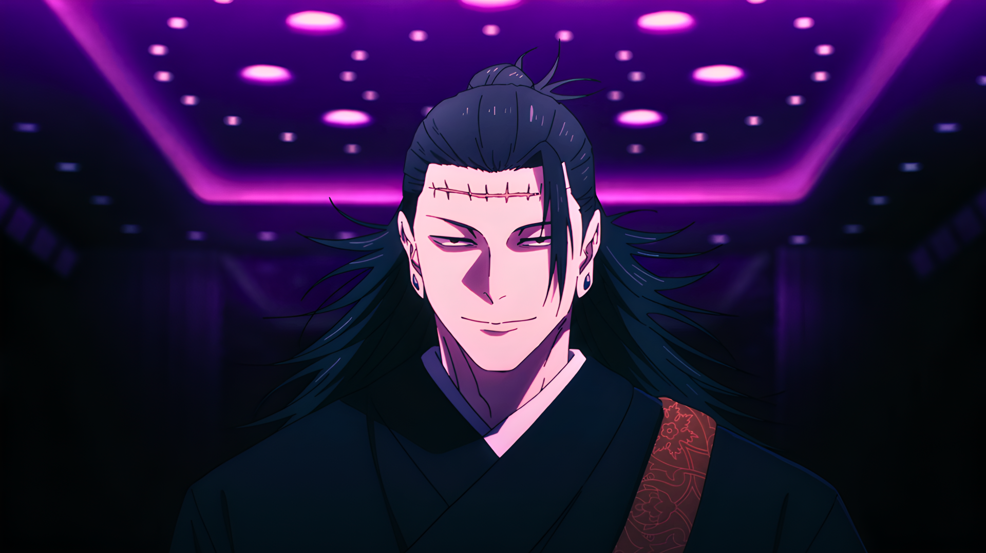 Suguru Geto (Jujutsu Kaisen 3rd Season) — villainous curse user protagonist in 4K Ultra HD PC desktop wallpaper with neon-lit dark background.