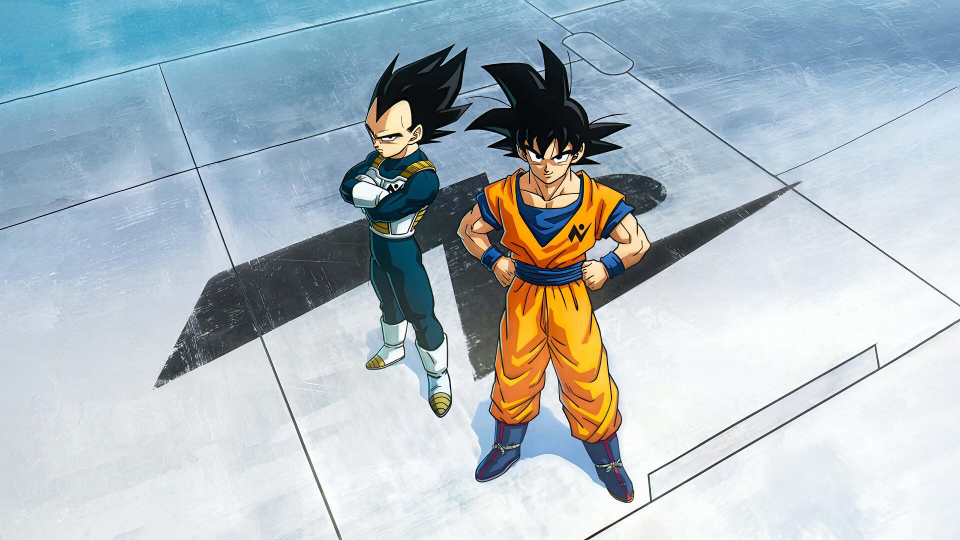 Dragon Ball Super: The Galactic Patrol 4K Ultra HD PC desktop background showing Goku and Vegeta standing on a metallic platform, facing forward with long shadows.