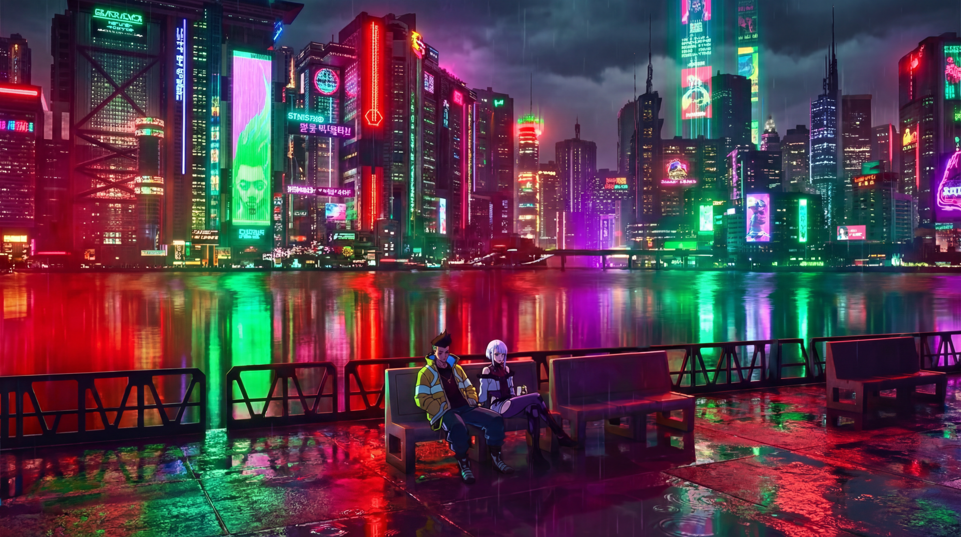 5K Ultra HD PC desktop wallpaper: Cyberpunk: Edgerunners — Lucy and David sit by a lakeside railing as a neon cityscape reflects across the water.
