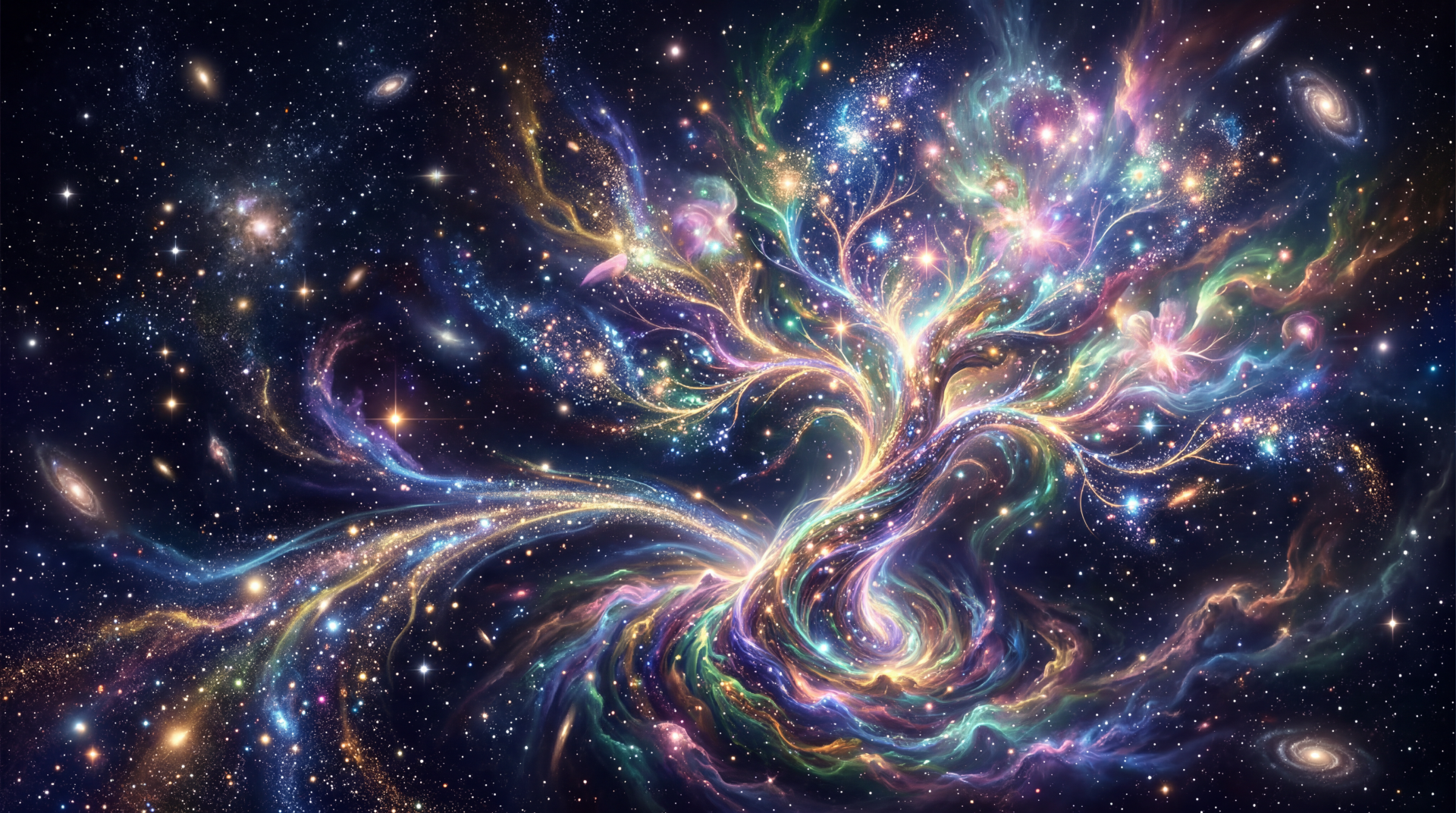 Vibrant cosmic tree of light spiraling through a multicolored galaxy and space nebula — 5K Ultra HD PC desktop wallpaper/background.