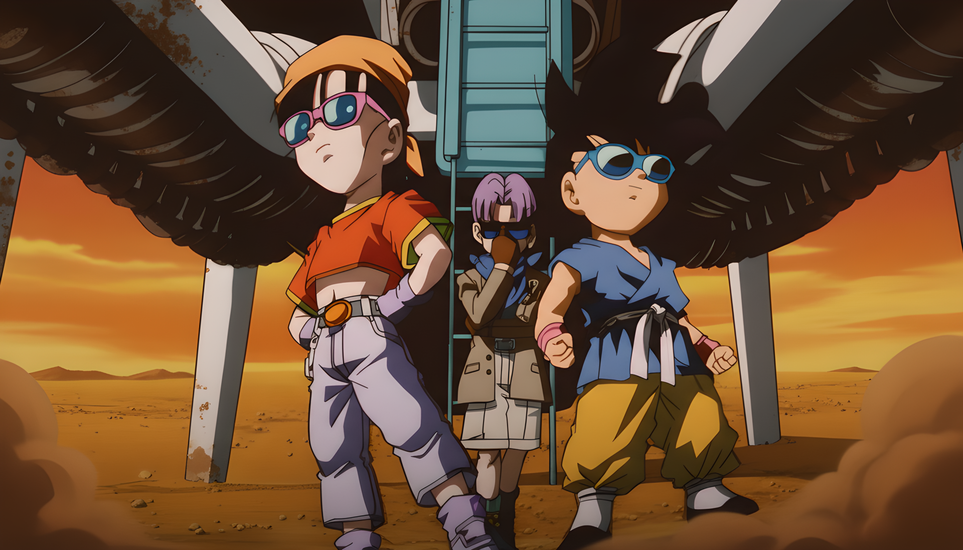 Dragon Ball GT 4K Ultra HD PC desktop wallpaper and background: Pan, Kid Goku and Trunks stand under an aircraft wing at sunset, anime trio posed heroically.