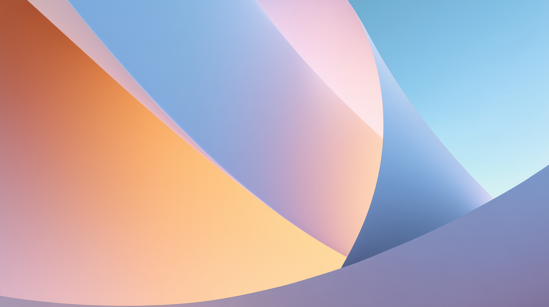 Windows 11 abstract digital artwork: soft overlapping curved shapes in pastel blues, pinks and oranges — simple 2K Quad HD PC desktop wallpaper/background.