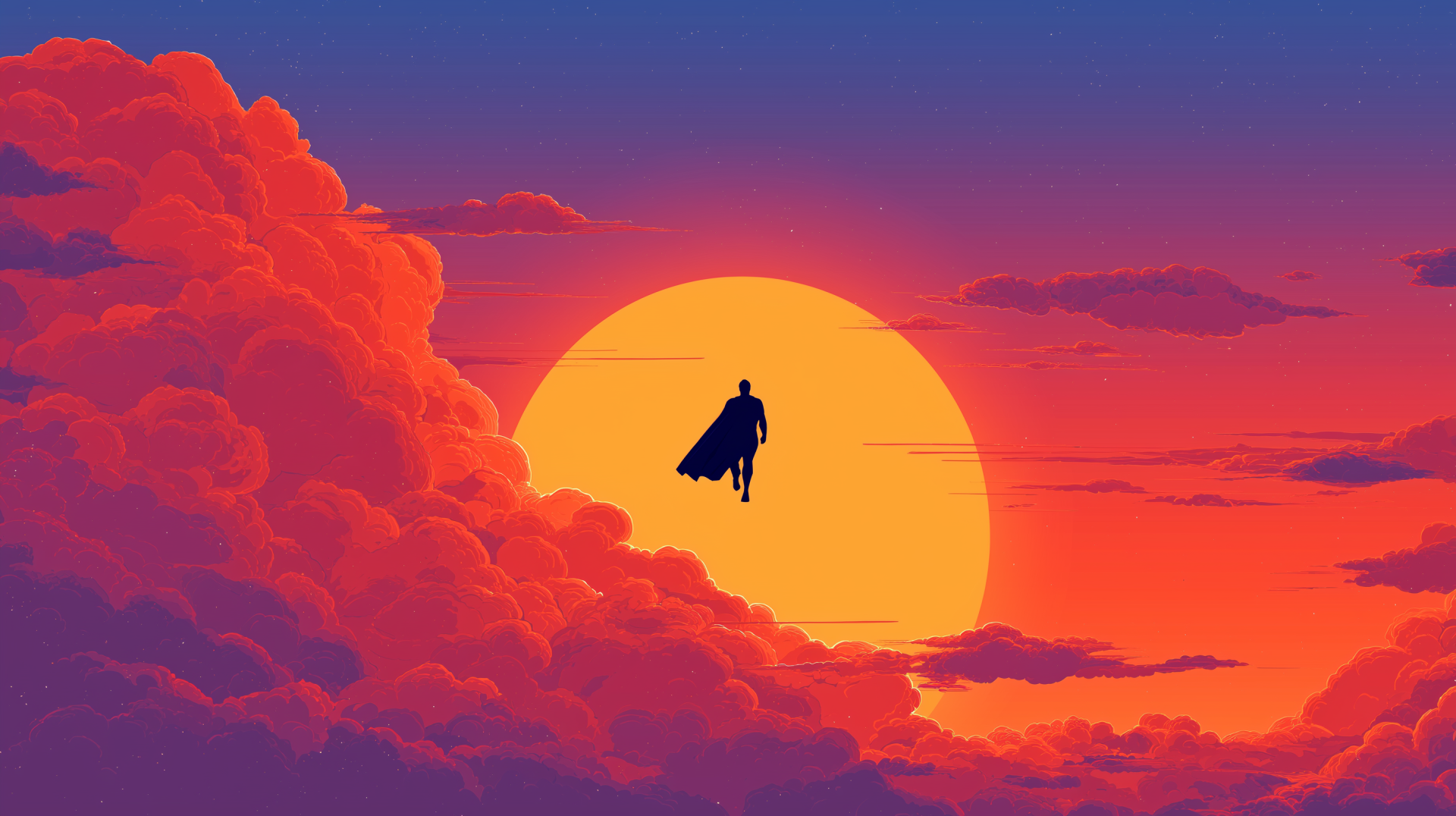 Omni-Man silhouette flies toward a blazing sunrise over magenta clouds — Invincible TV show 2K Quad HD PC desktop wallpaper/background.