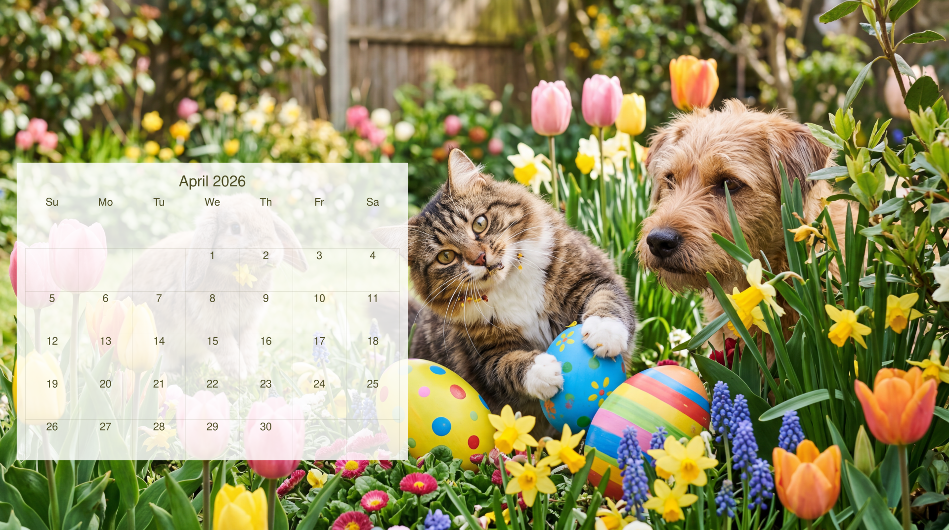 April 2026 calendar 5K Ultra HD PC desktop wallpaper and background: cat and dog amid tulips, daffodils and colorful Easter eggs in a sunny garden.