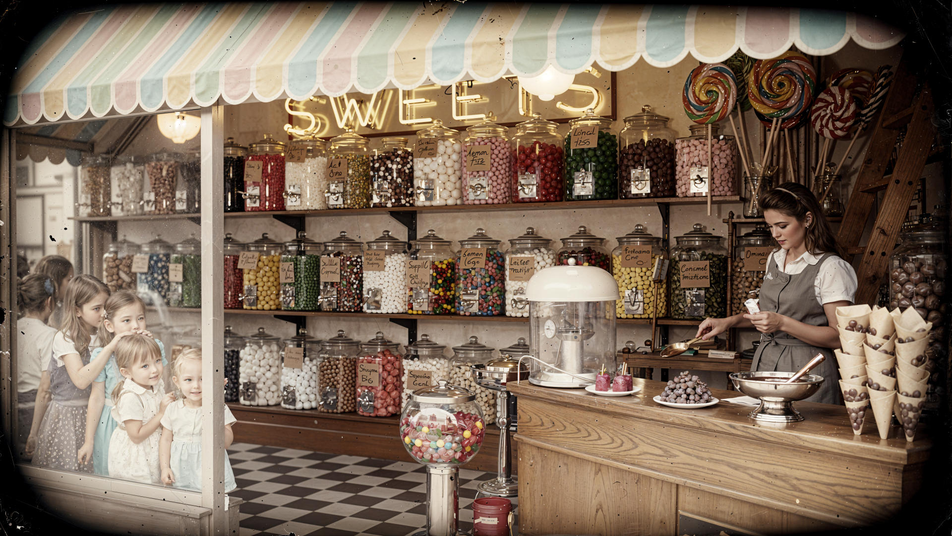 4K Ultra HD PC desktop wallpaper: vintage candy store interior with rows of glass jars, lollipops, ice-cream cones and a shopkeeper behind a wooden counter while children peer in.